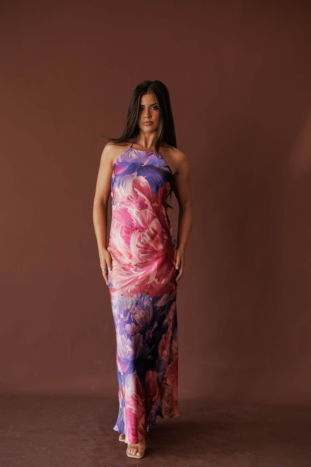 Peony Bloom Halter Maxi, in lilac rose, full-length front view of the floral halter maxi