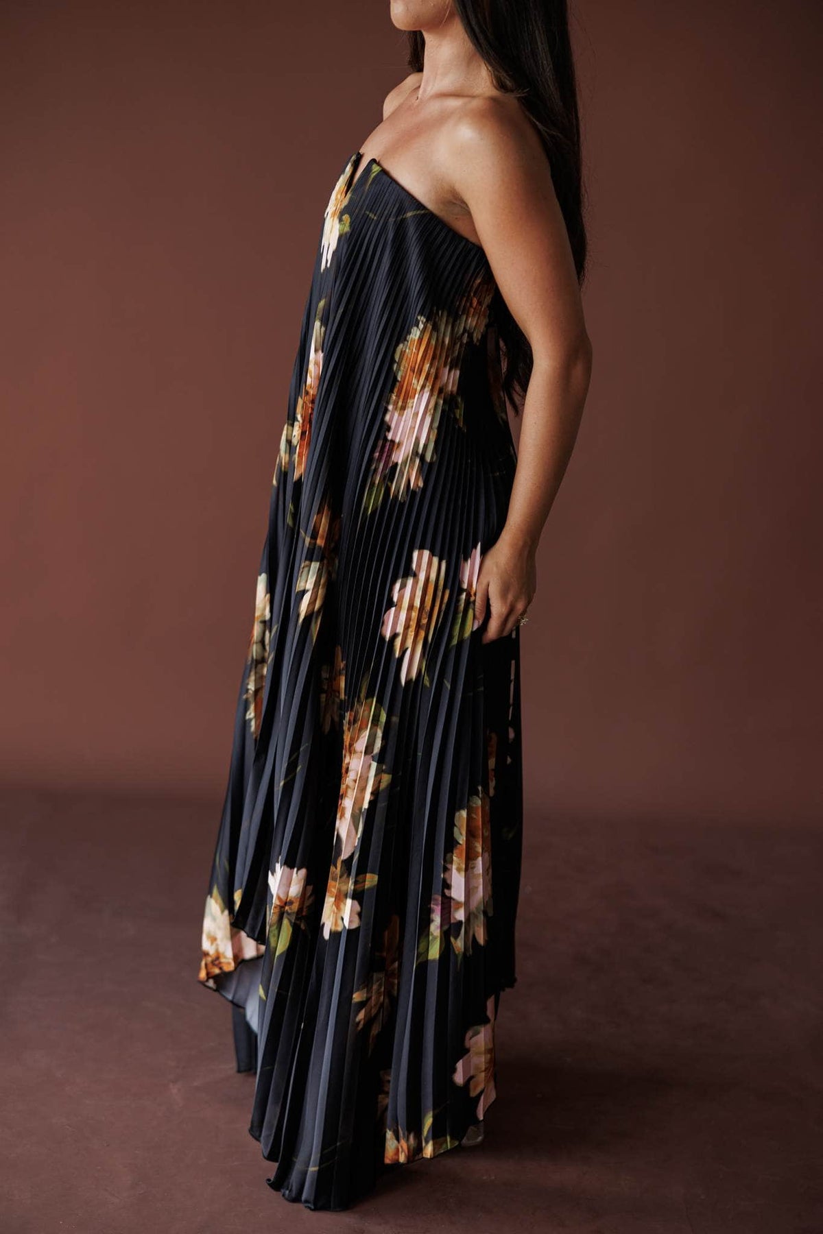 Nightfall Pleated Maxi Dress, in nightfall bloom, side view of the pleated skirt