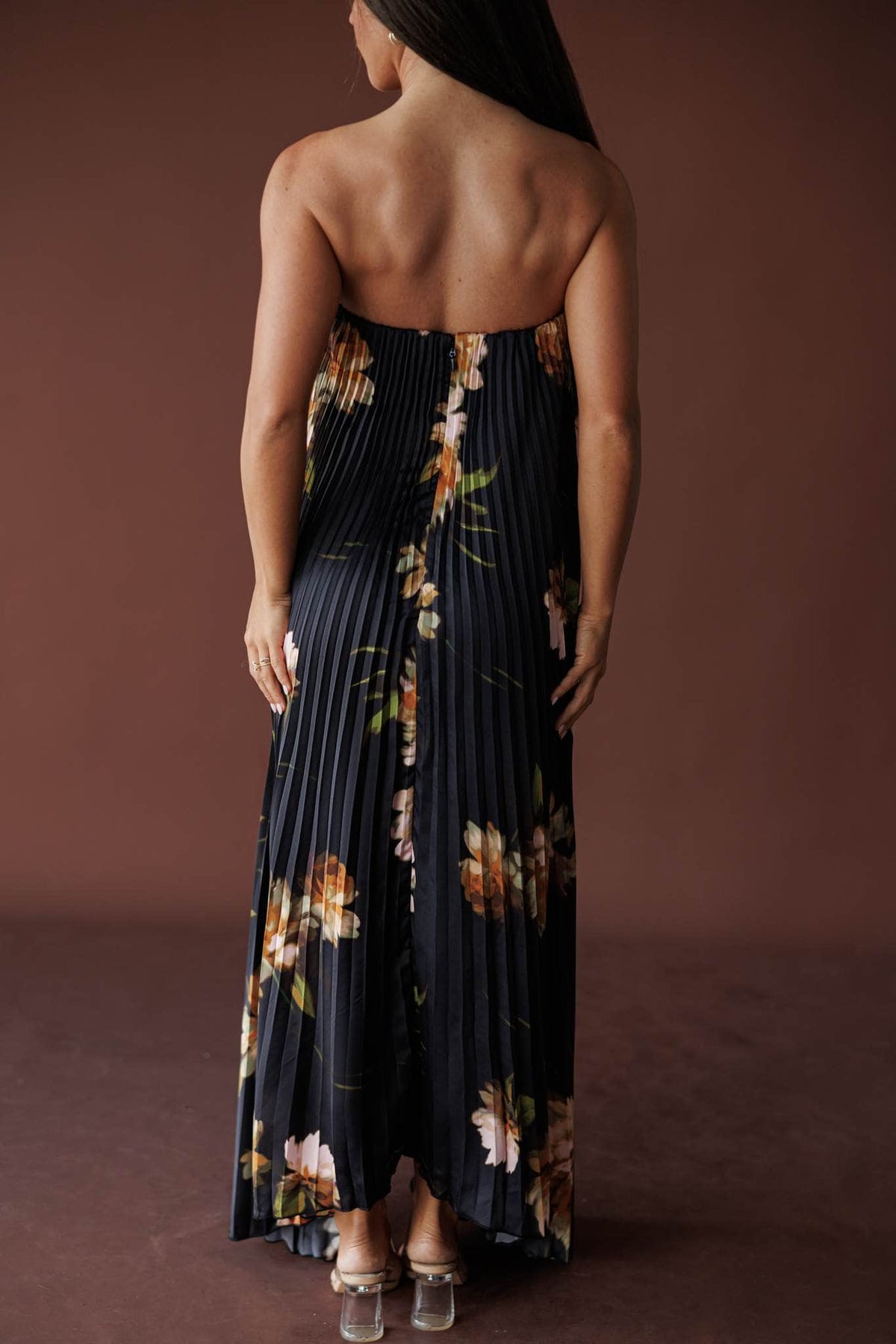 Nightfall Pleated Maxi Dress, in nightfall bloom, back view of the pleated maxi