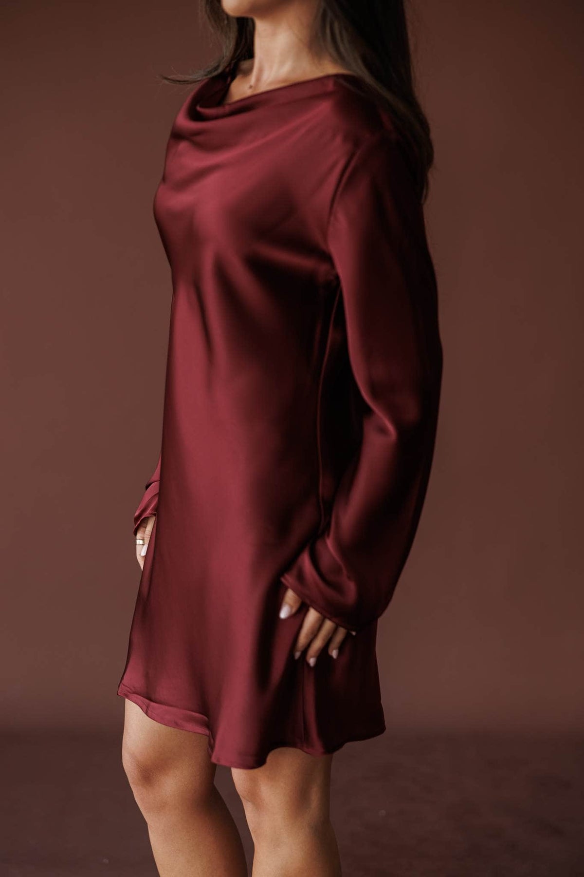Wine Hour Cowl Mini Dress, in wine, side view of the blouson sleeve