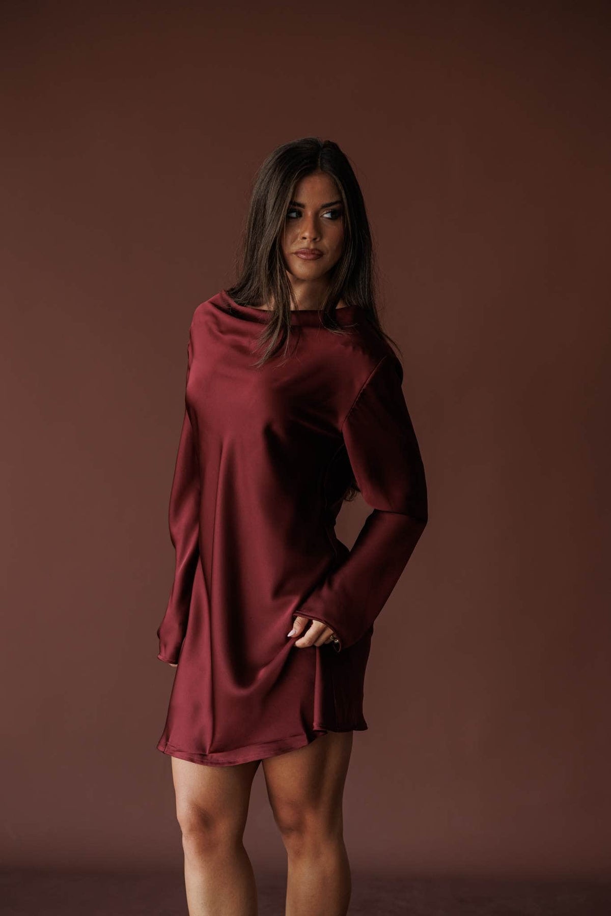 Wine Hour Cowl Mini Dress, in wine, three-quarter front view of the cowl neck mini