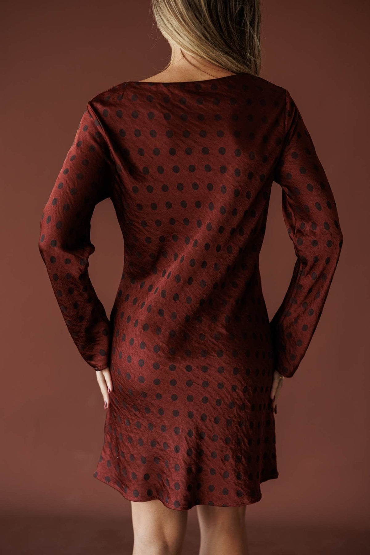 Claret Cowl Mini Dress, in maroon, back view of the mini dress