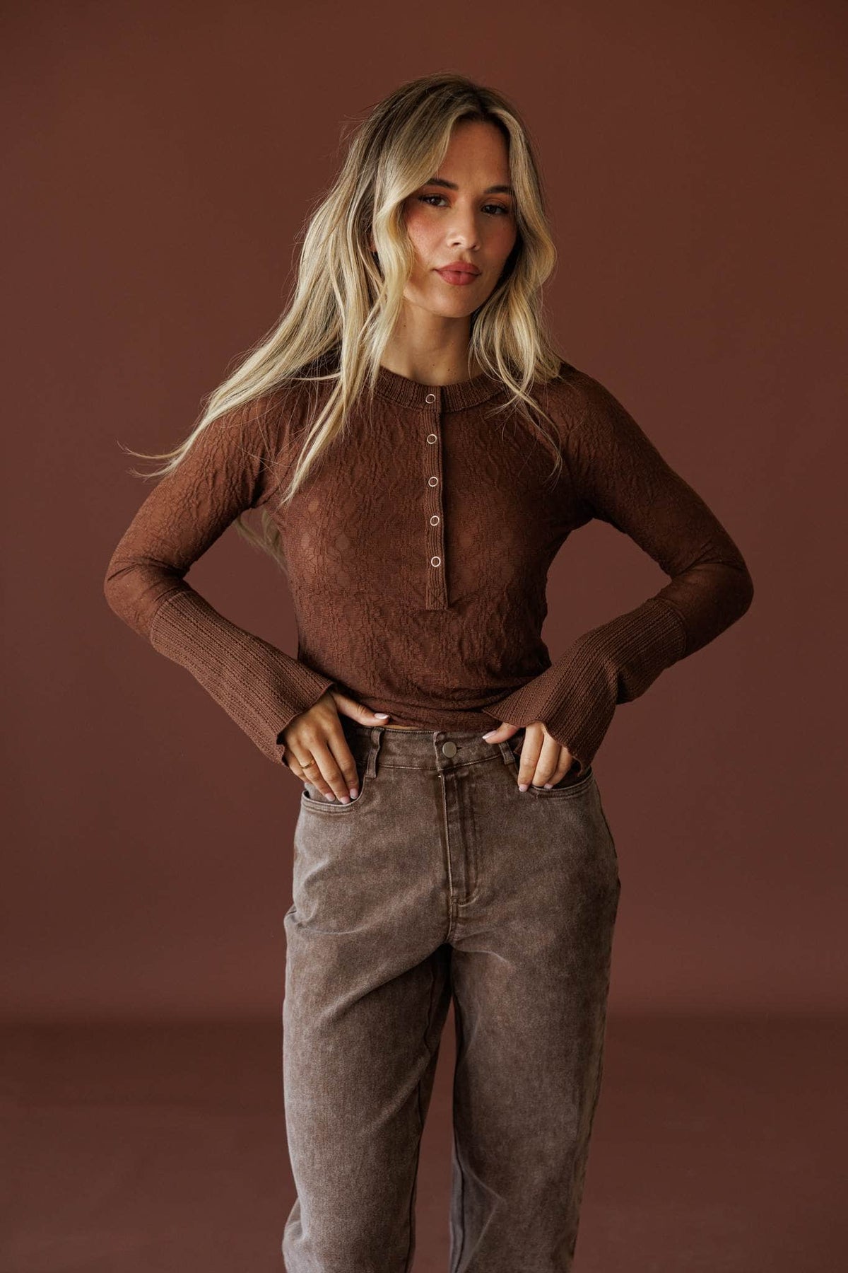 First Layer Henley Top in chocolate, full-length view with brown wide leg pants