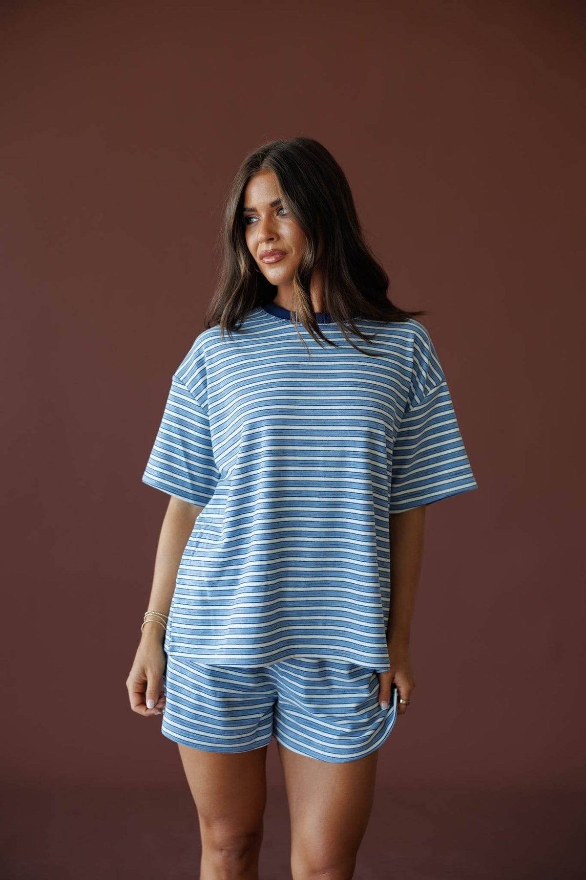 First Stop Oversized Fleece Tee in blue, full-length view with the matching shorts