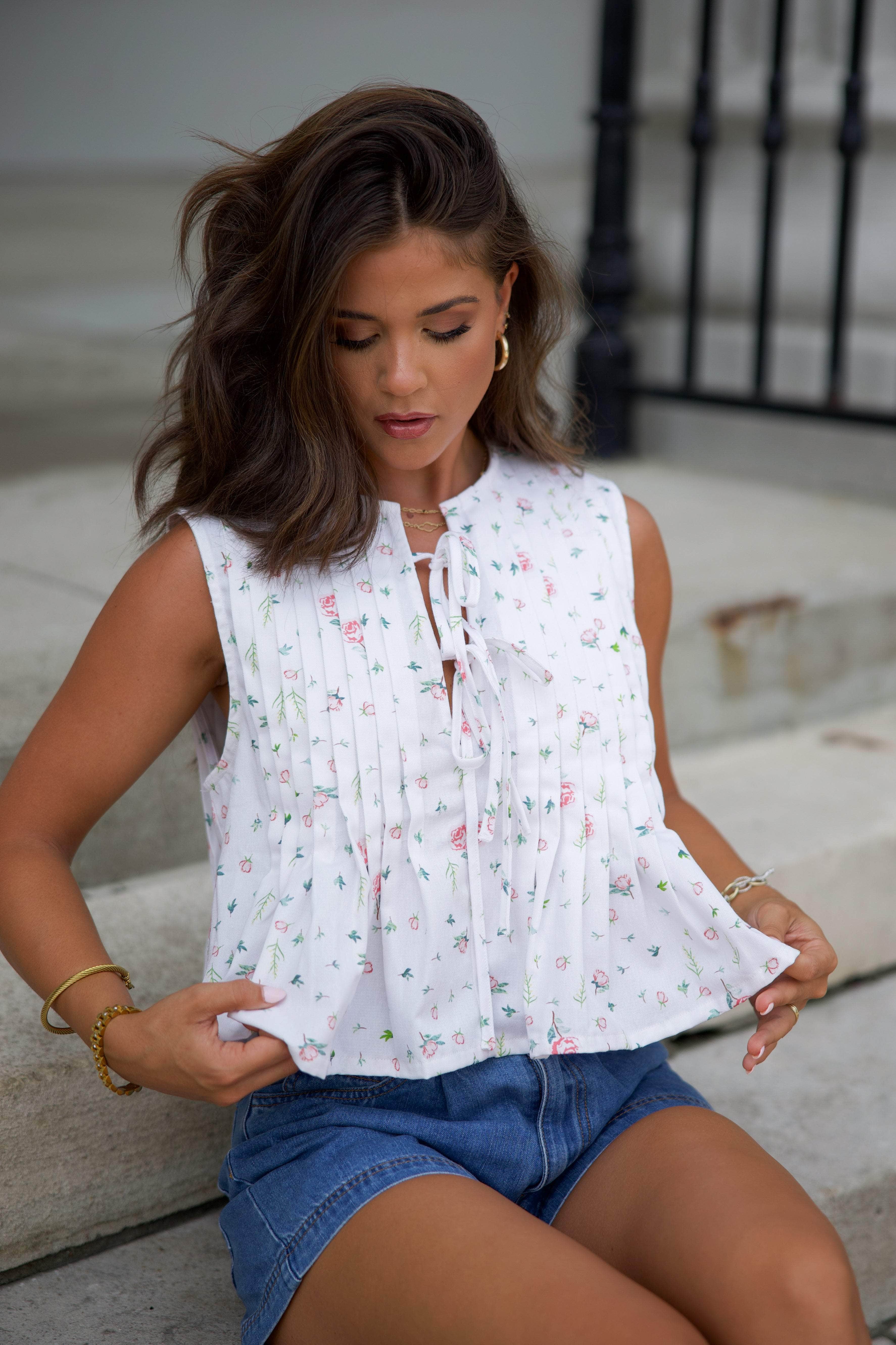 Floral Pleated Tie Top