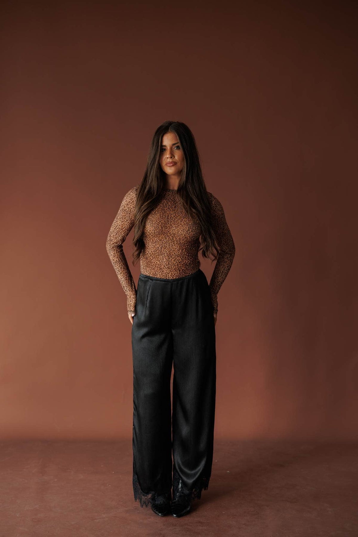 Onyx Satin Wide Leg Pants, in black, full-length front view with a mesh top
