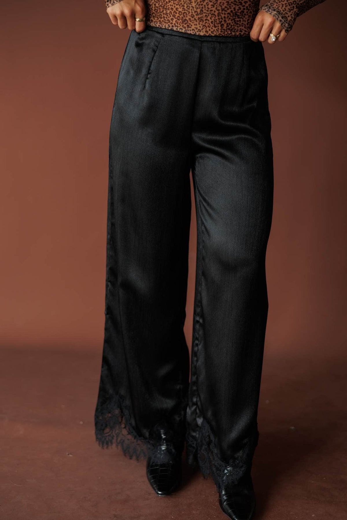 Onyx Satin Wide Leg Pants, in black, front view of the satin wide leg pants