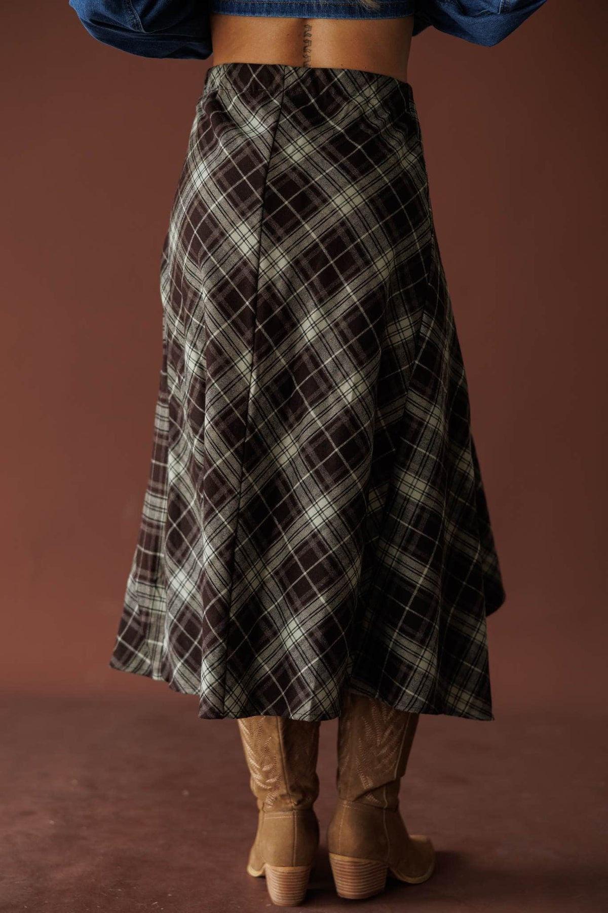 Espresso plaid asymmetric midi skirt
