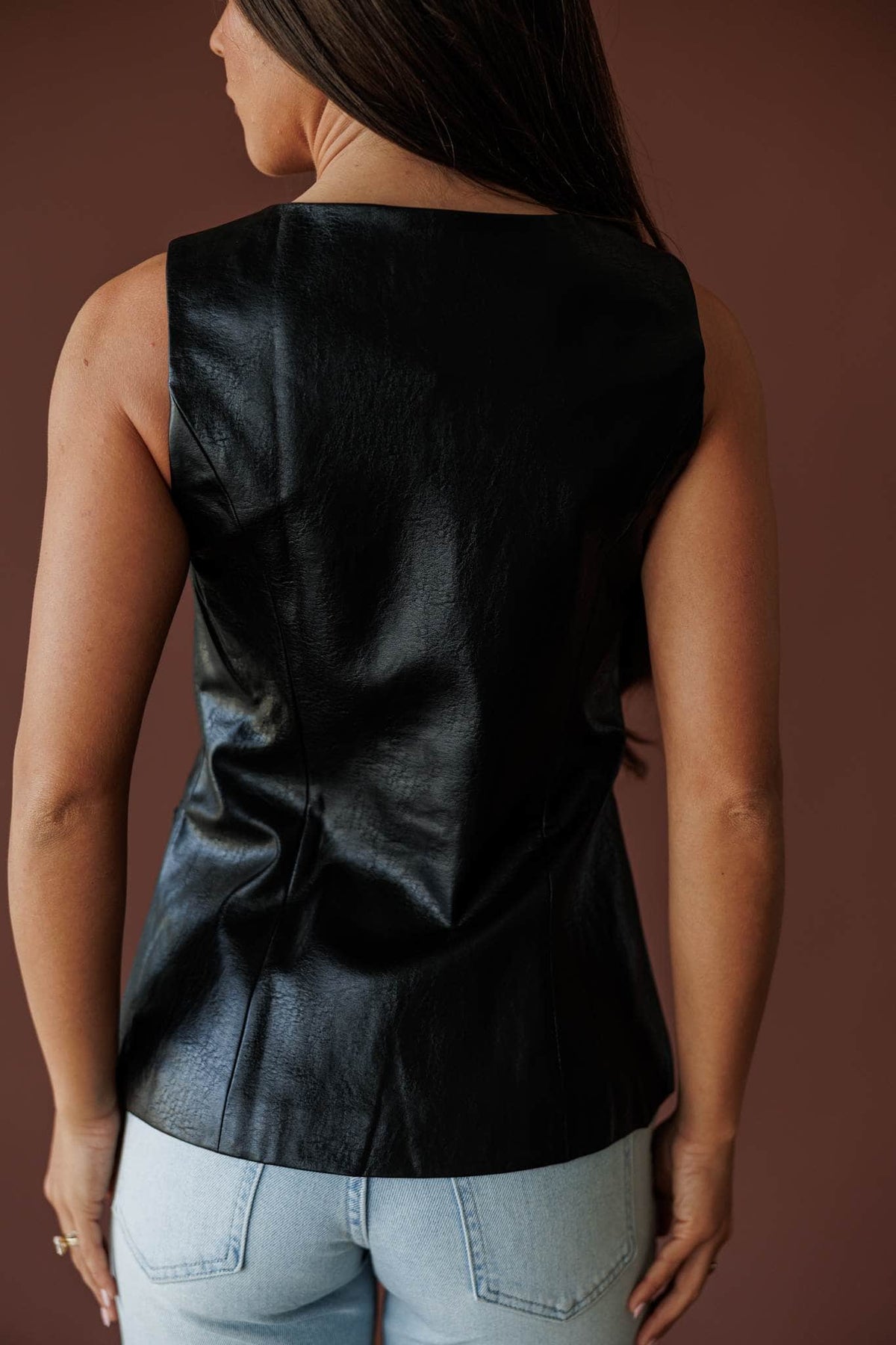 Moto Square Neck Top, in black, three-quarter back view of the fitted body