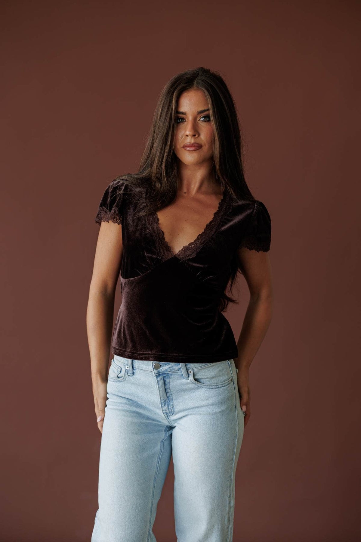 Dark Rum Velvet Lace Top, in dark rum, front view of the velvet lace top