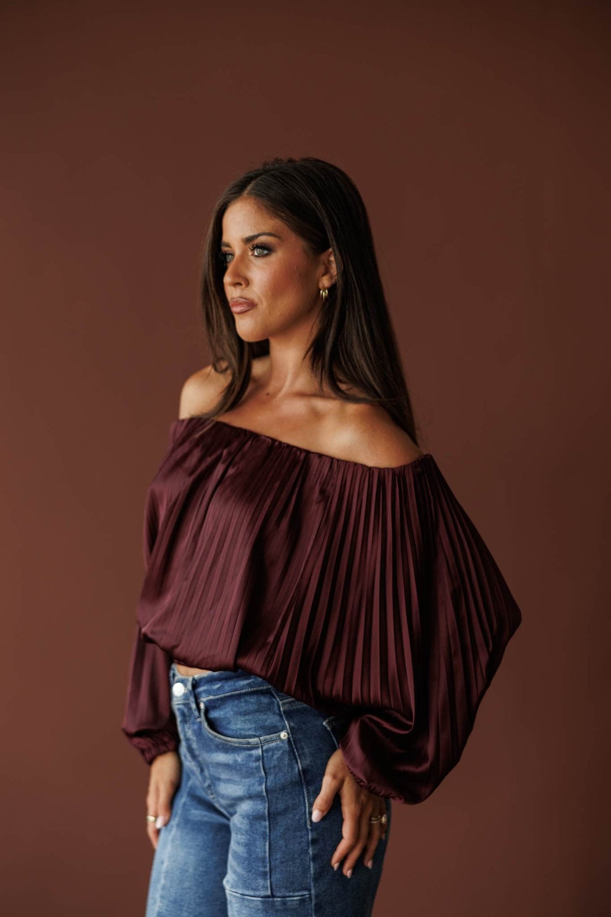 Wine Pour Off Shoulder Top, in wine, three-quarter front view of the top