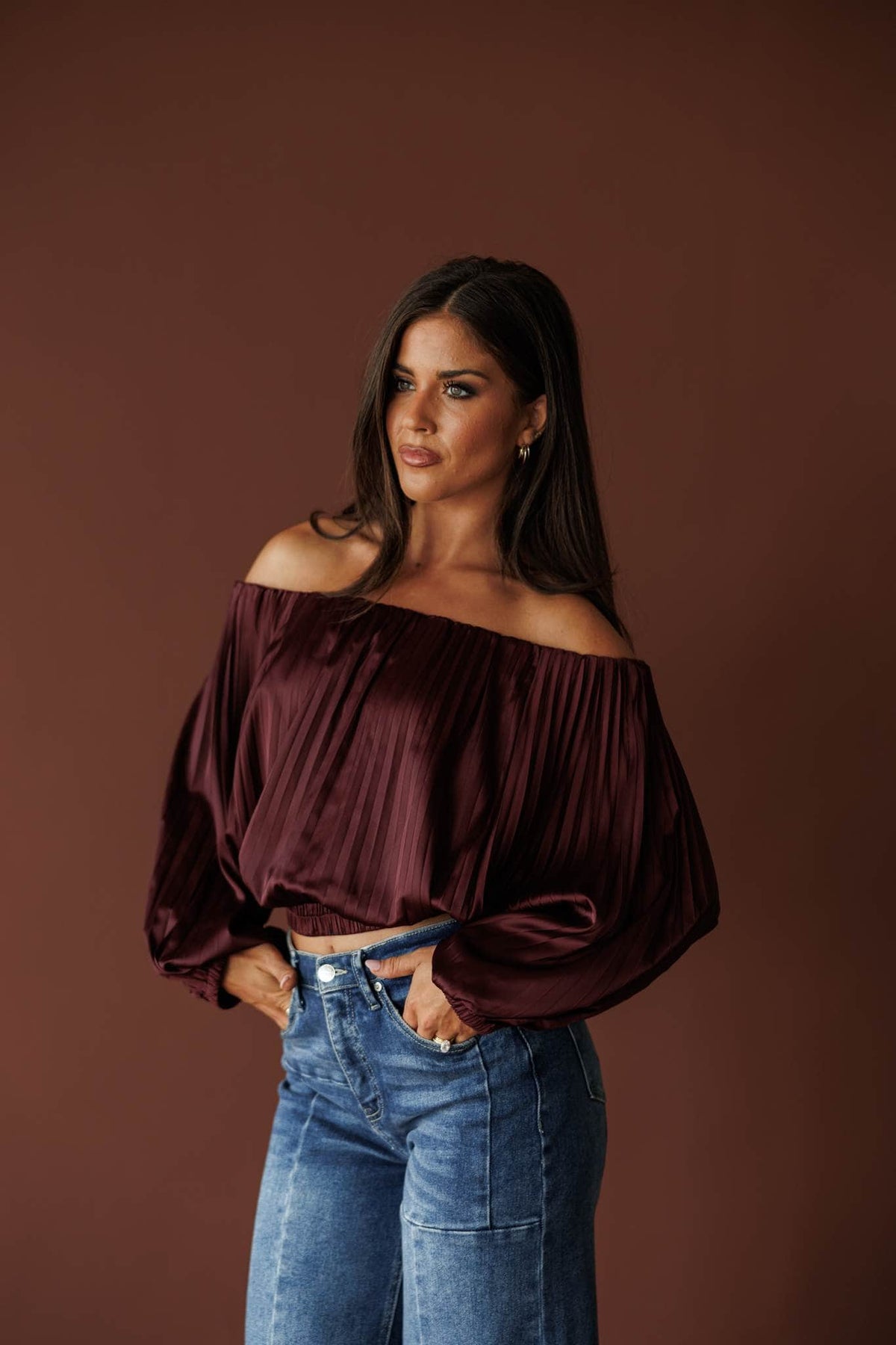 Wine Pour Off Shoulder Top, in wine, front view of the off the shoulder top