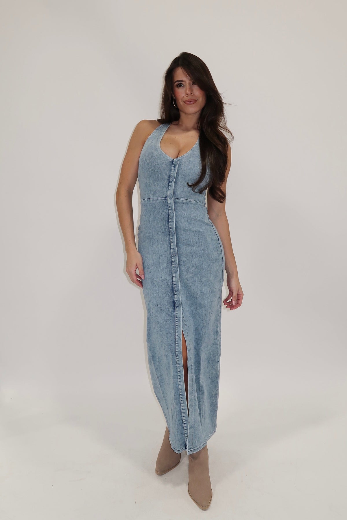 Halterneck Denim Midi Dress