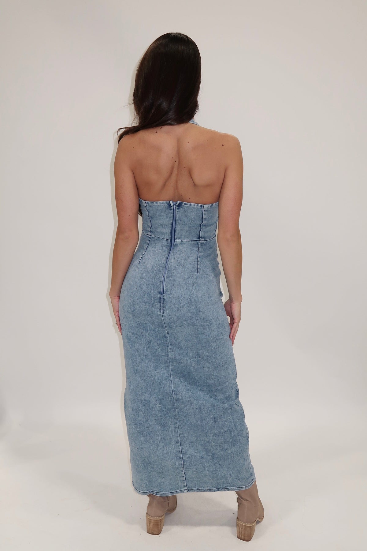 Halterneck Denim Midi Dress
