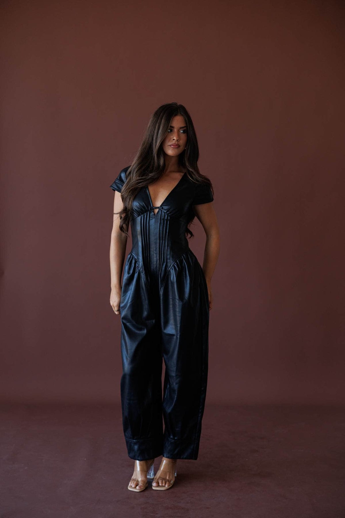 Faux leather jumpsuit, front view