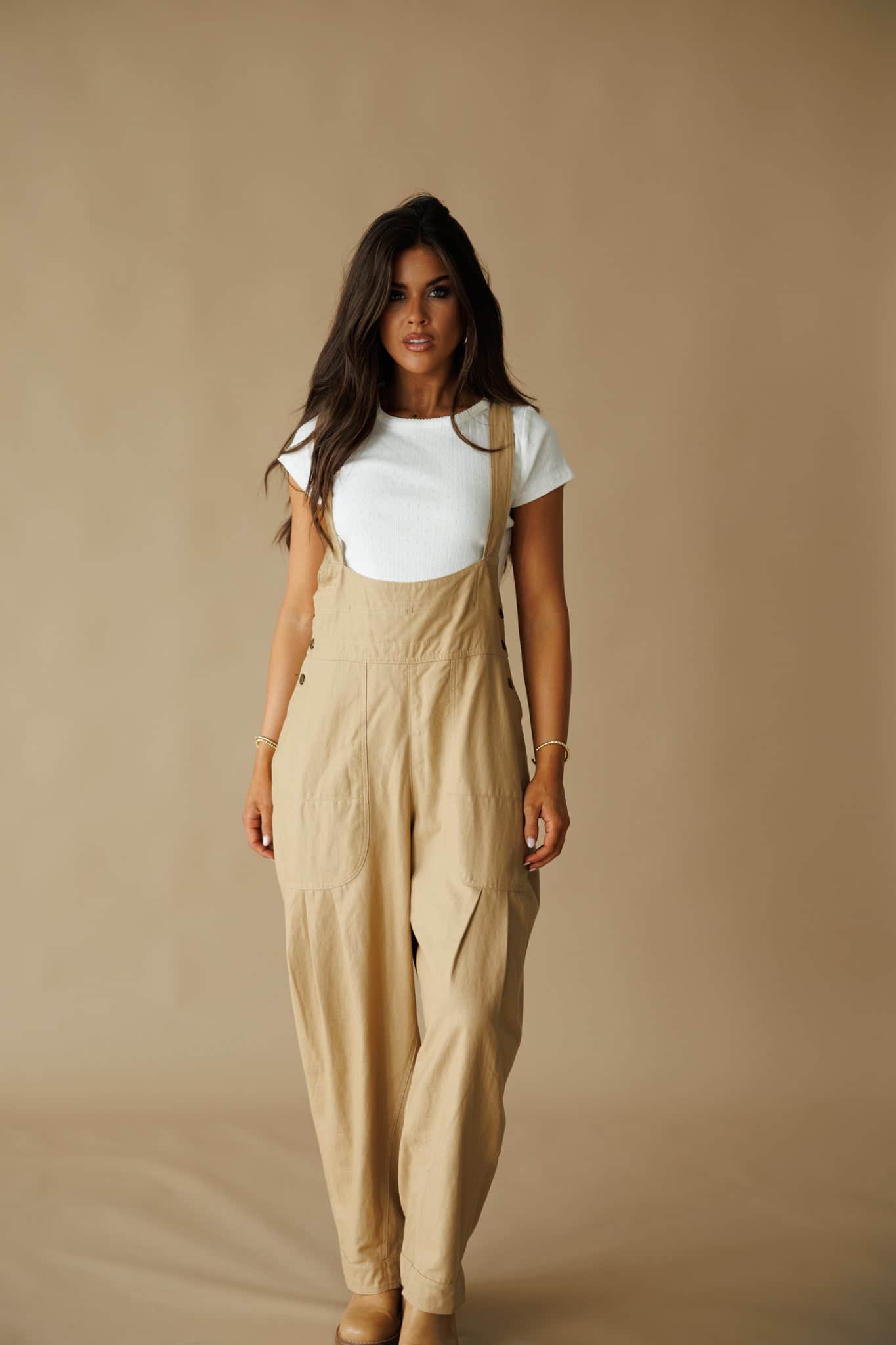 Tan Pleated Barrel Overalls