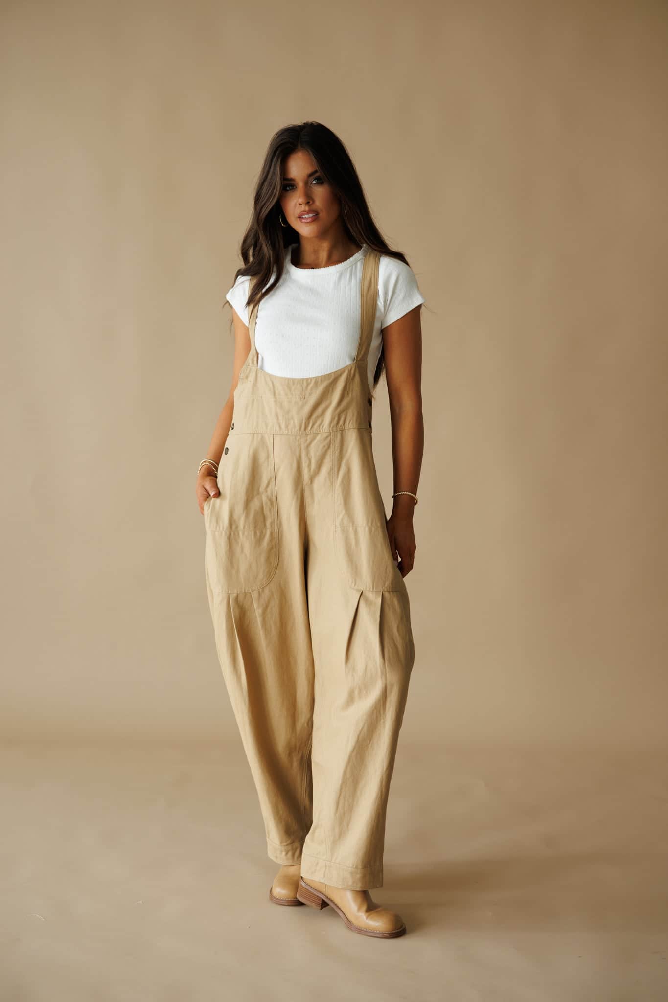 Tan Pleated Barrel Overalls