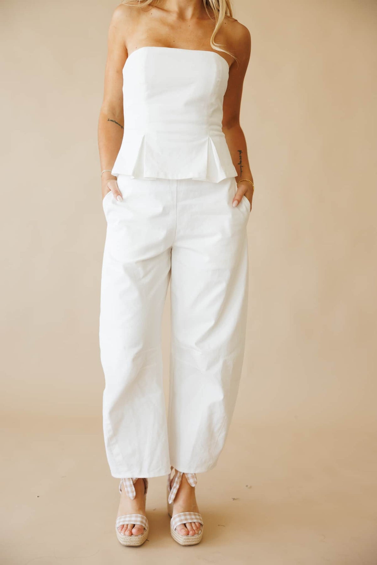 White Peplum Barrel Jumpsuit