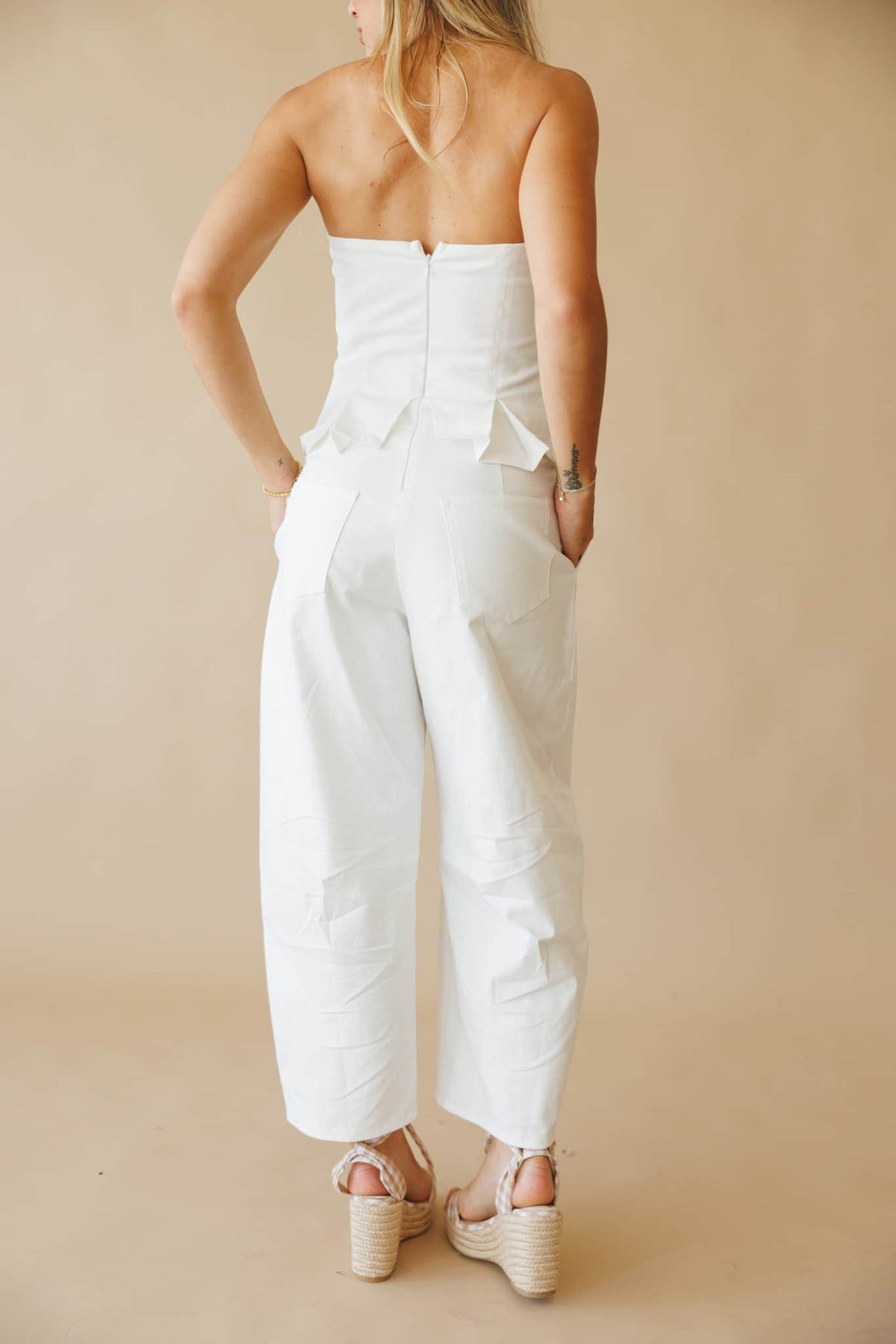 White Peplum Barrel Jumpsuit