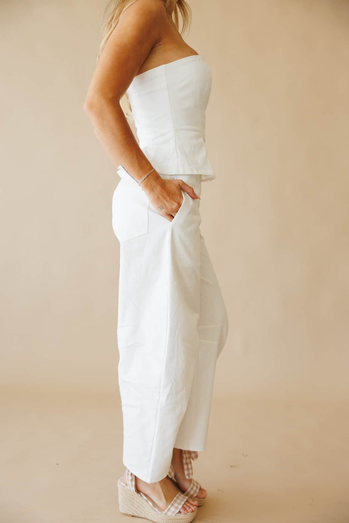 White Peplum Barrel Jumpsuit