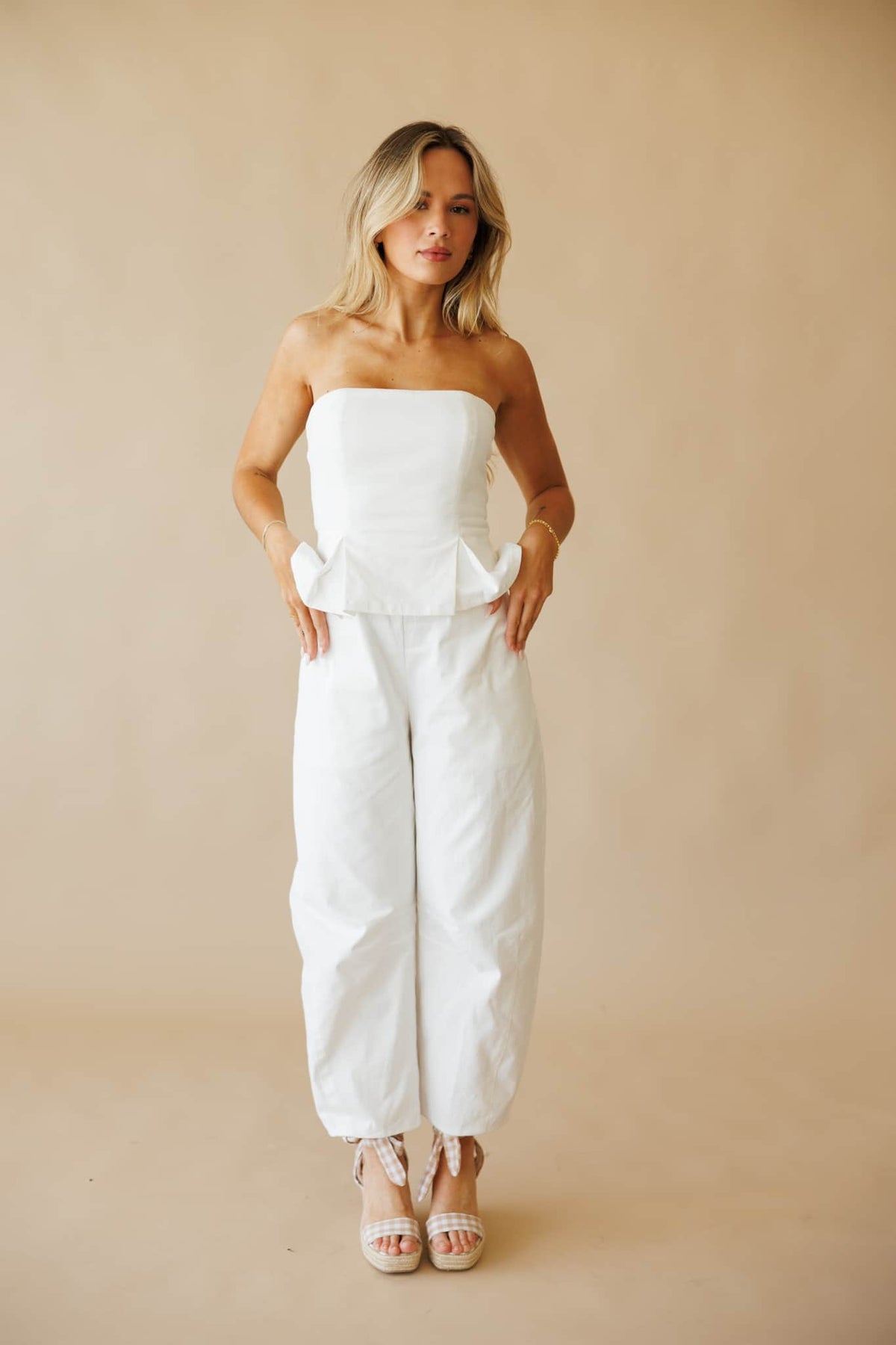 White Peplum Barrel Jumpsuit