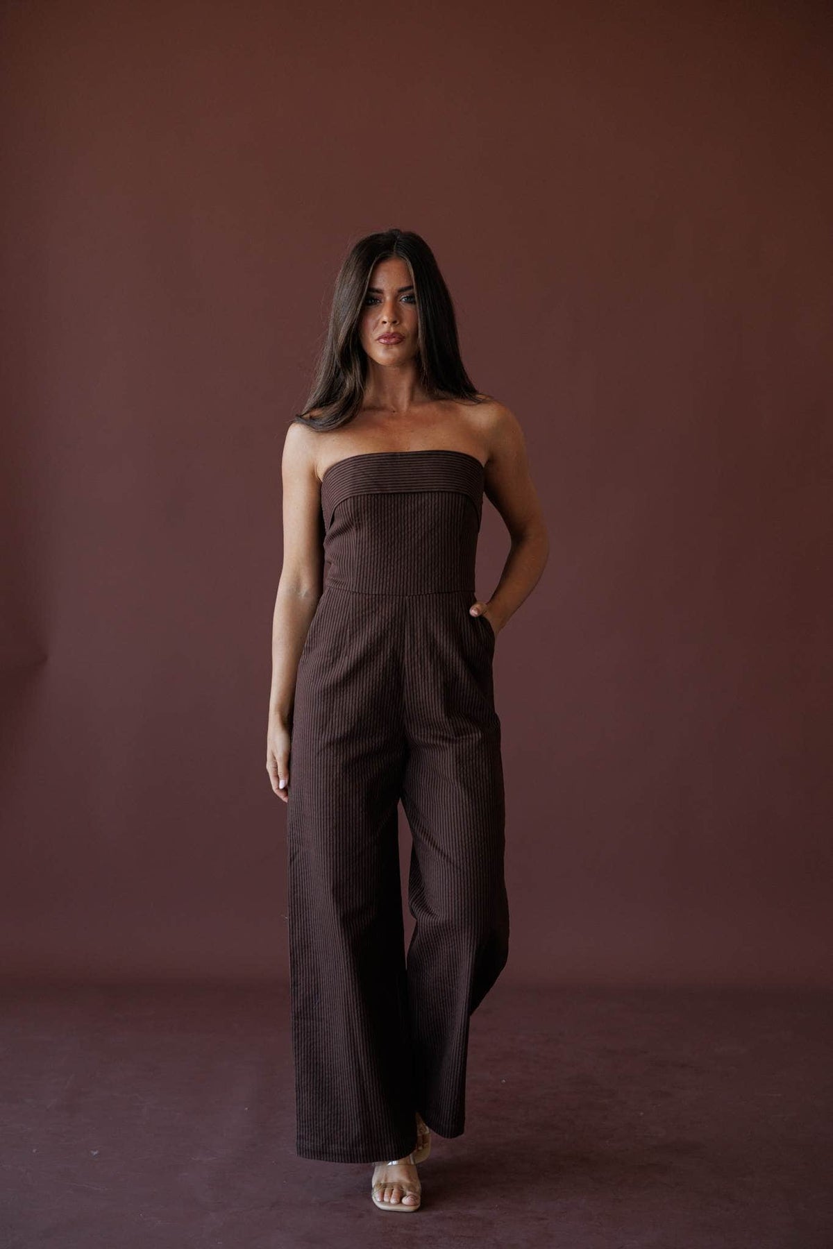 Cocoa Hour Strapless Jumpsuit, in brown, full-length front view of the strapless jumpsuit