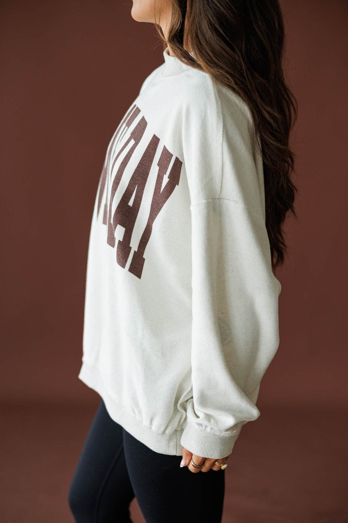 Double Down Reversible Sweatshirt in heather grey, side view showing the GAME DAY lettering across the body