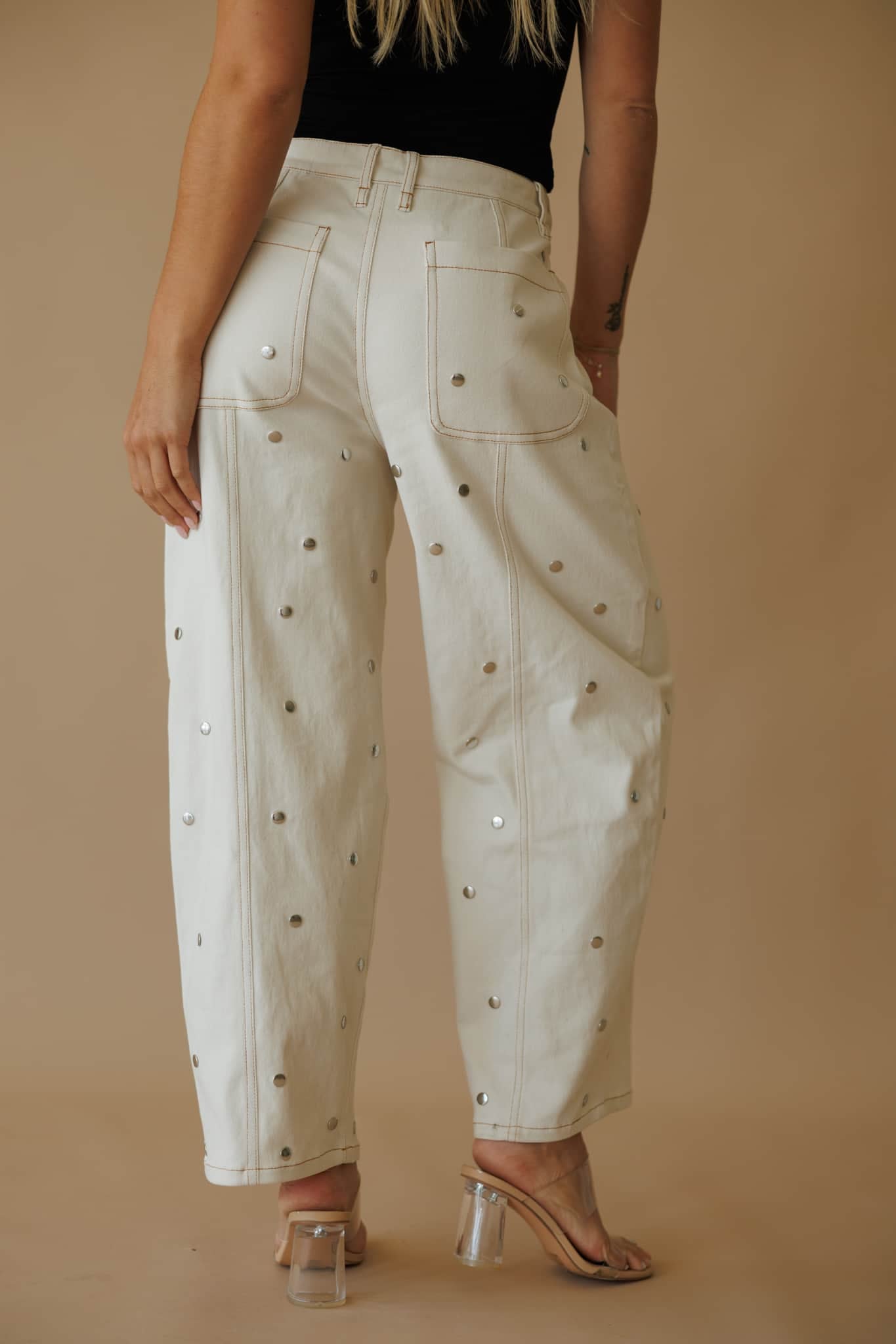 Cream Studded Barrel Jeans
