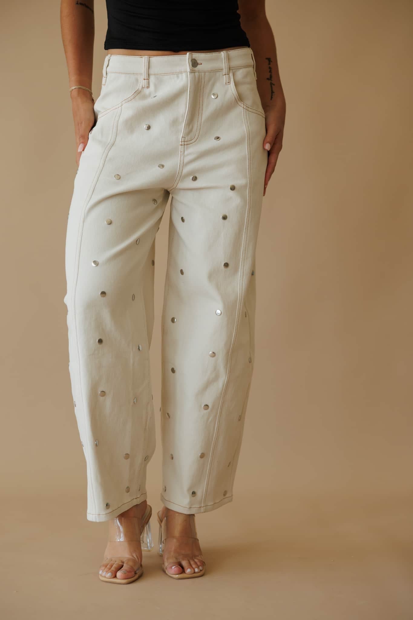 Cream Studded Barrel Jeans