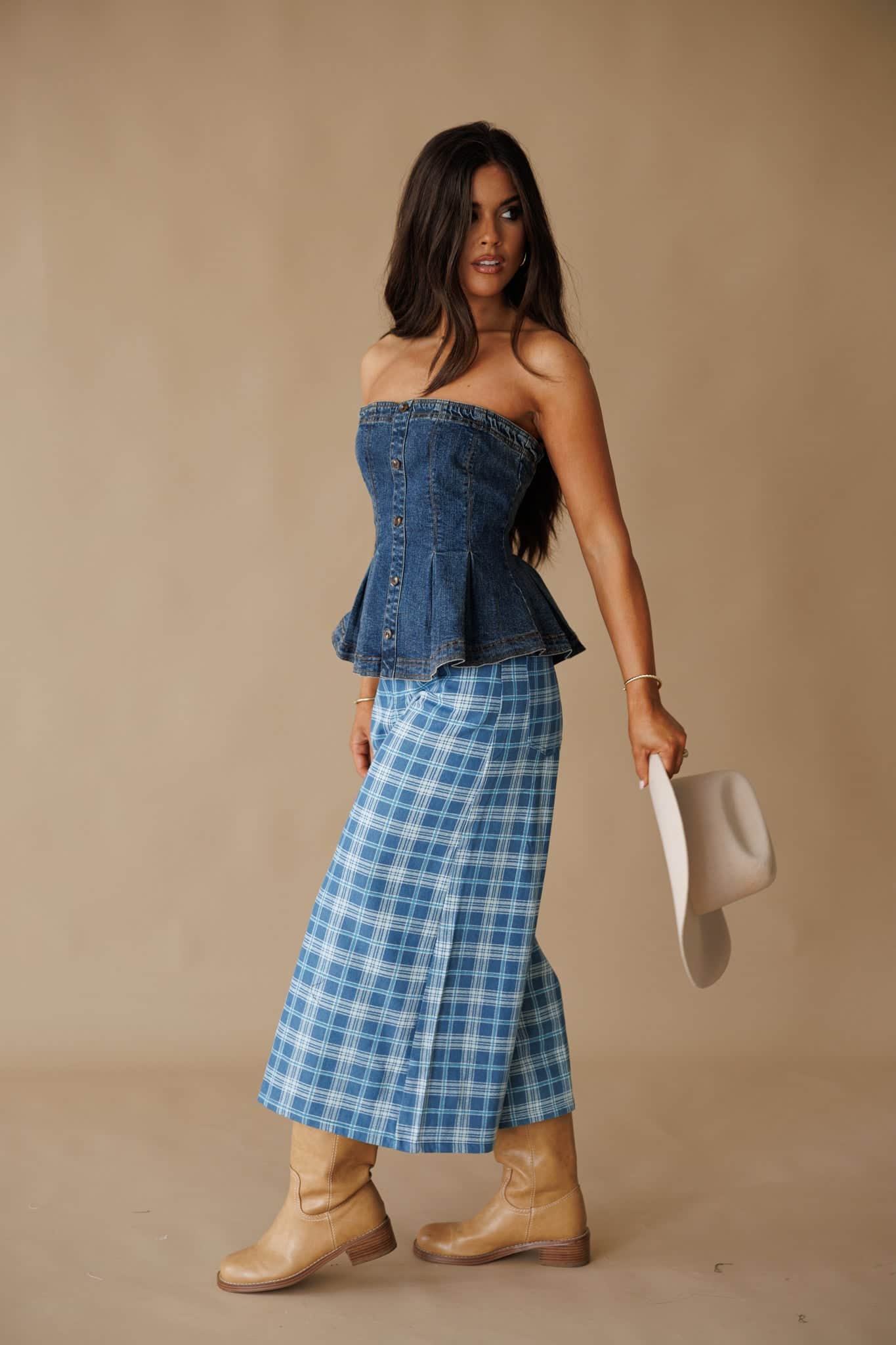 Plaid Denim Cropped Wide Leg Pants