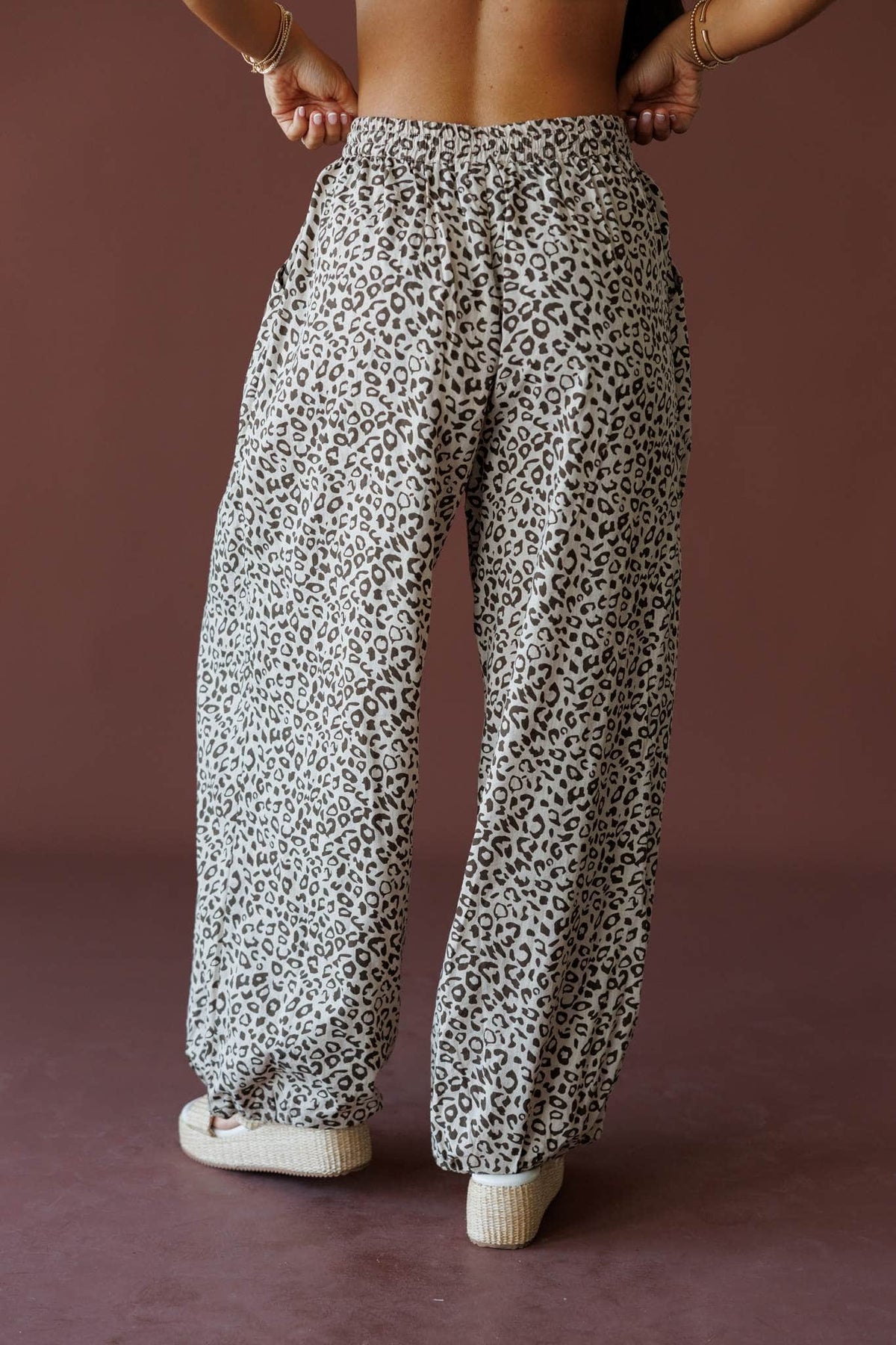 Leopard Balloon Pants in leopard, back view showing the elastic waist and balloon leg