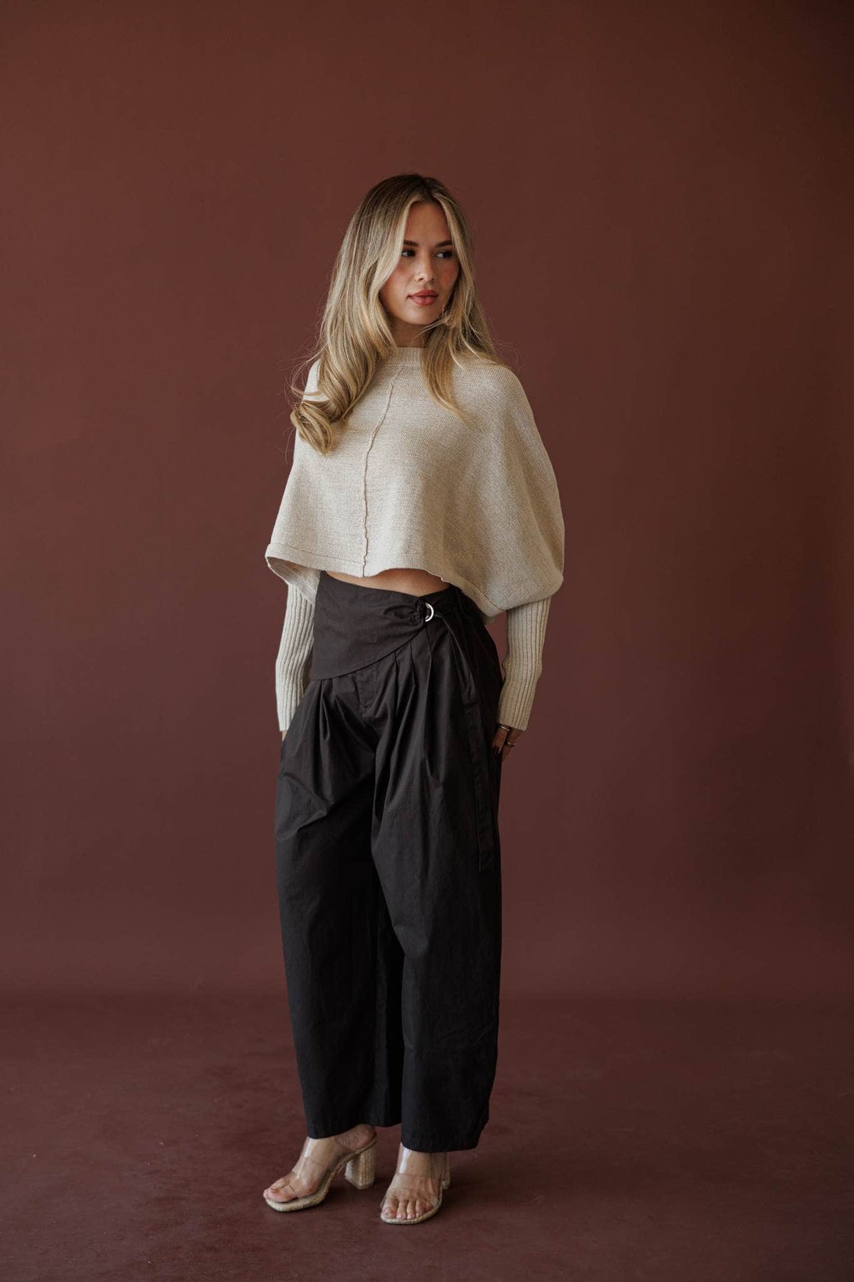 Scarf Tie Trouser, in dark chocolate, three-quarter view of the sarong panel