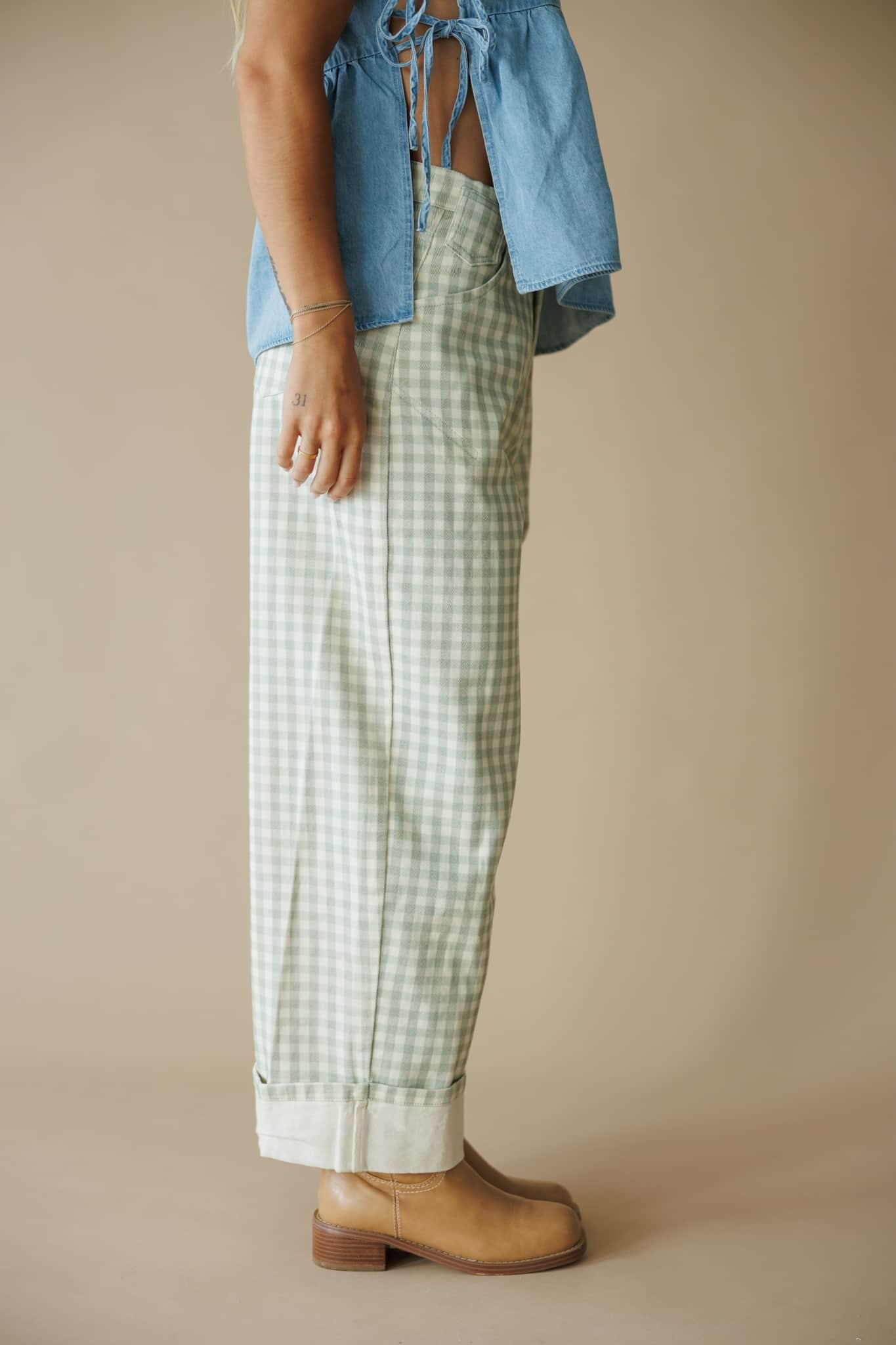 Sage Gingham Cuffed Barrel Pants