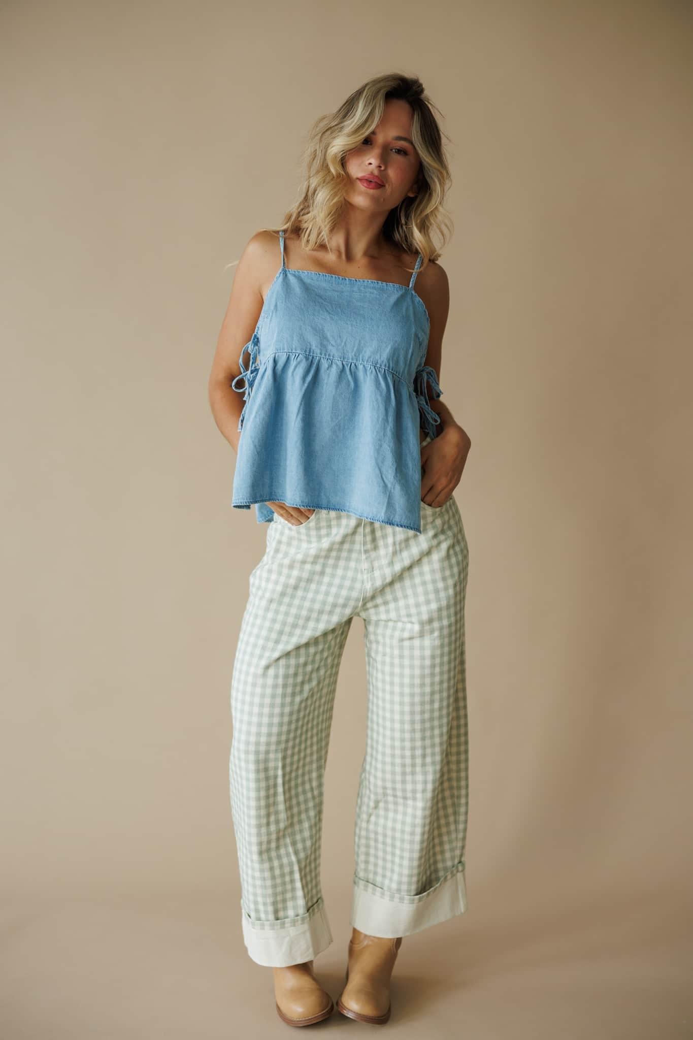 Sage Gingham Cuffed Barrel Pants
