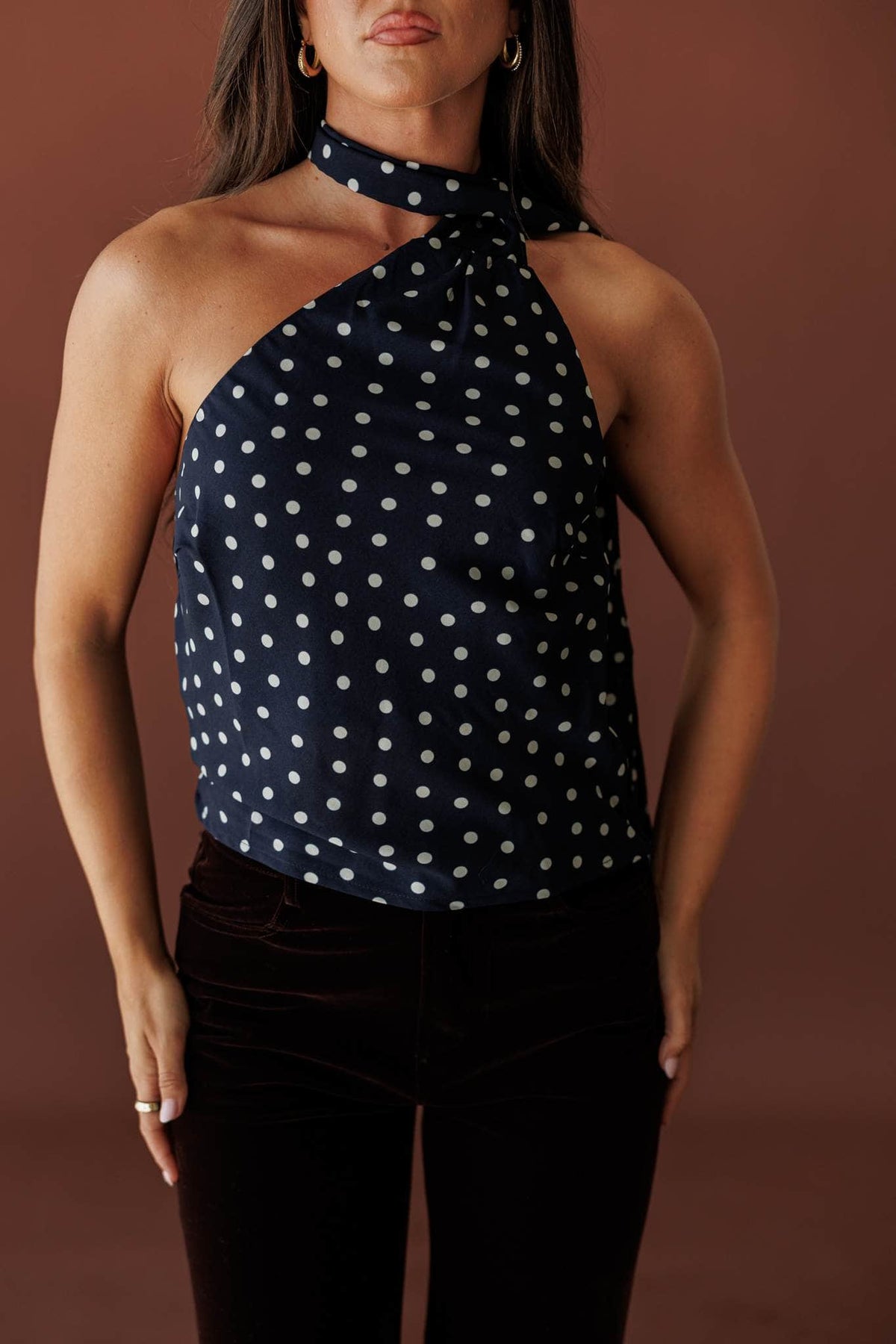 Spot On Scarf Halter Top, front view of the dot print