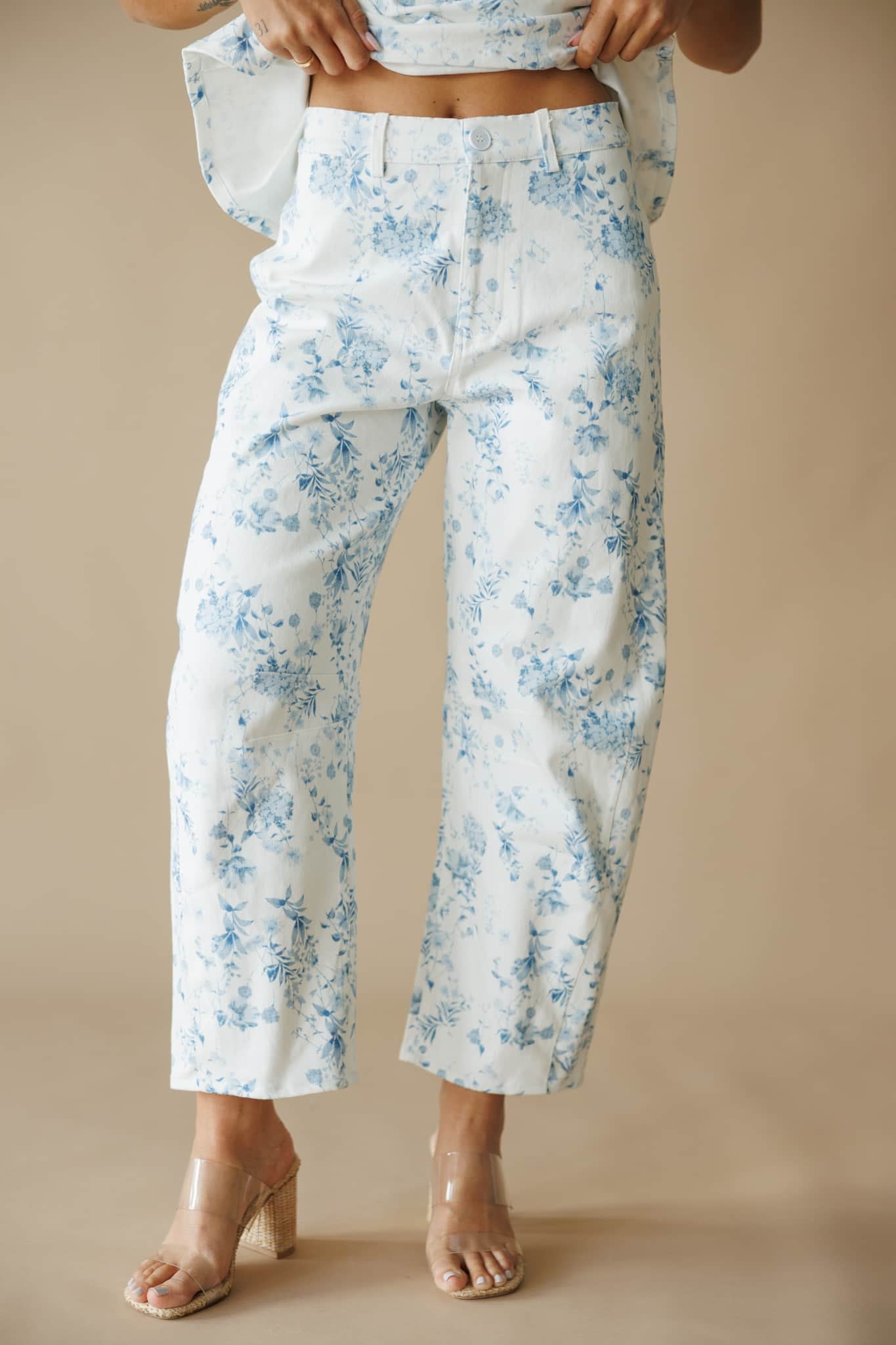White Floral Barrel Pants