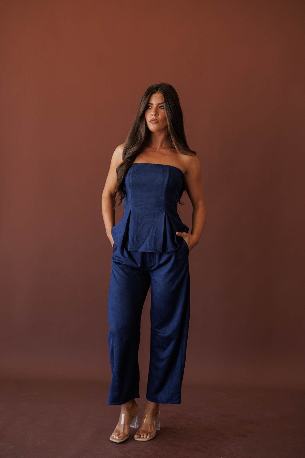 Suede Society Barrel Pants, in navy, full-length front view with the matching strapless top