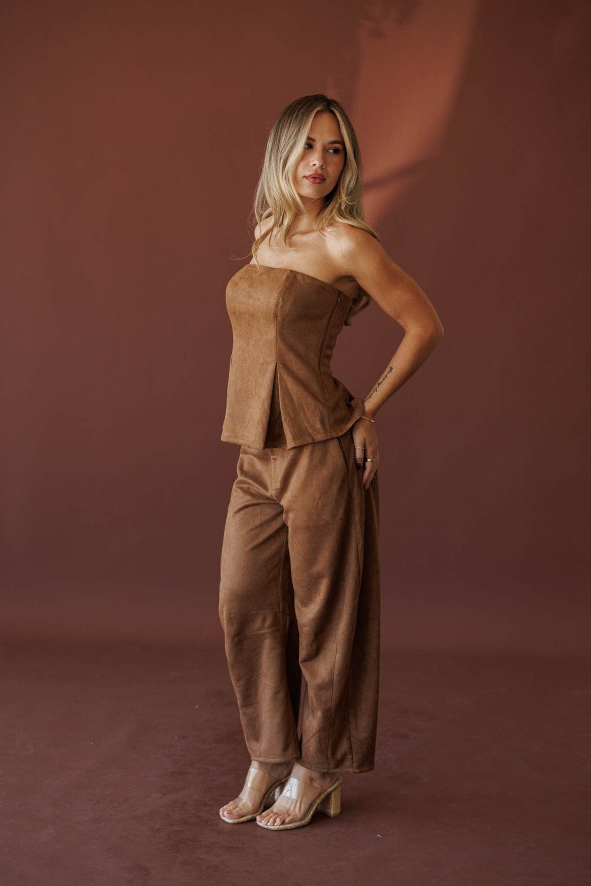 Suede Society Strapless Top, in camel, full-length view with the matching barrel pants