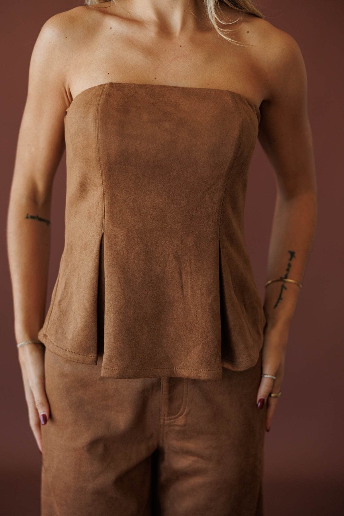 Suede Society Strapless Top, in camel, close front view of the pleated body