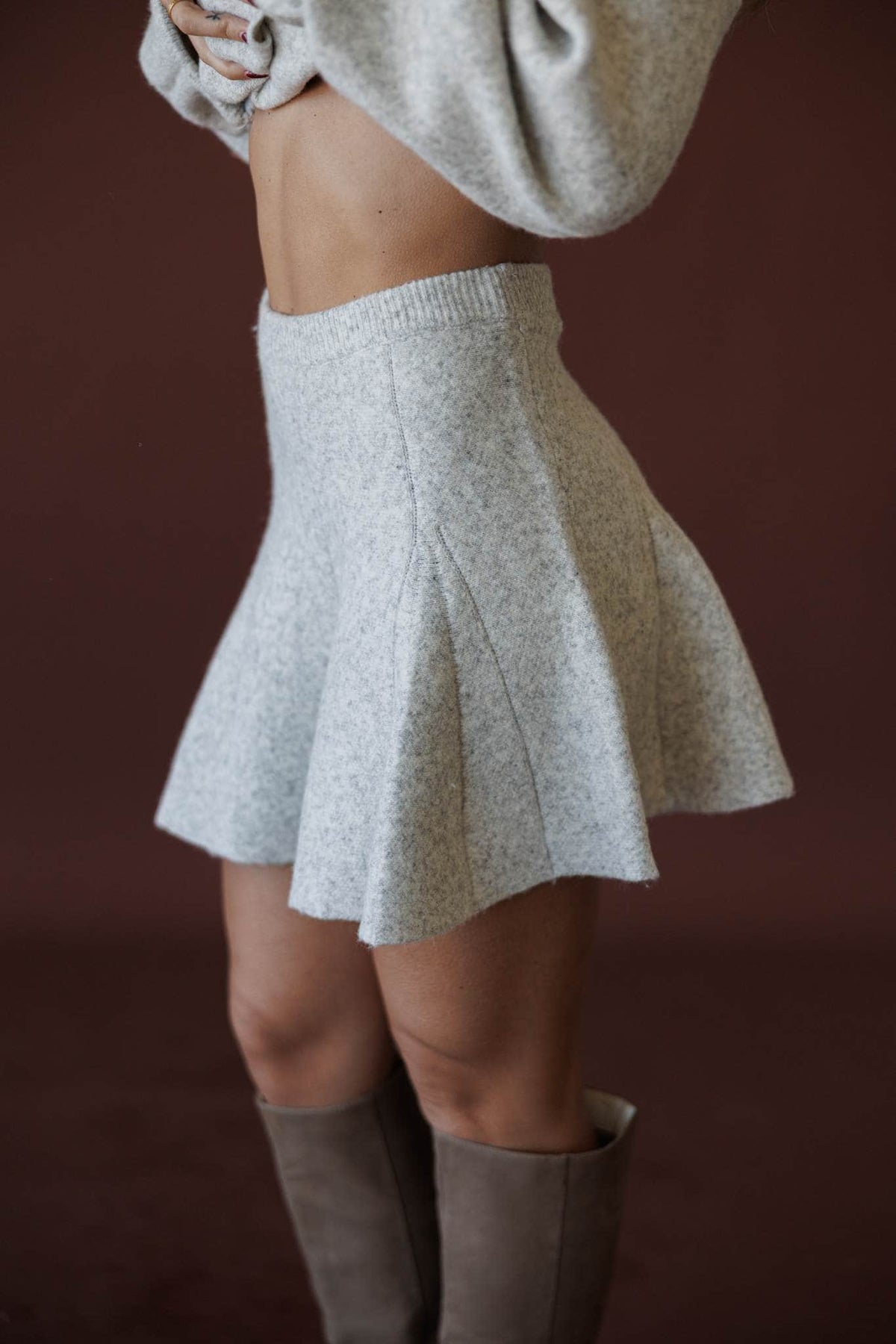 Cozied Up Flare Knit Skirt, in oatmeal, side view of the flared hem