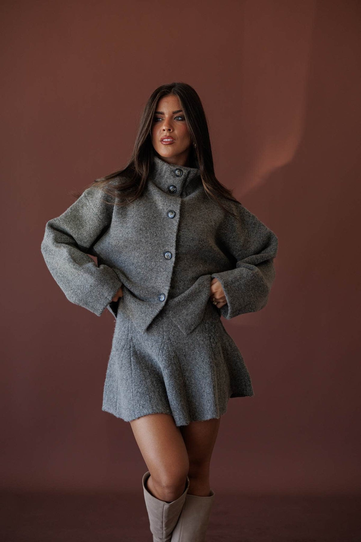 Cozied Up Flare Knit Skirt, in mocha, three-quarter view of the matching set