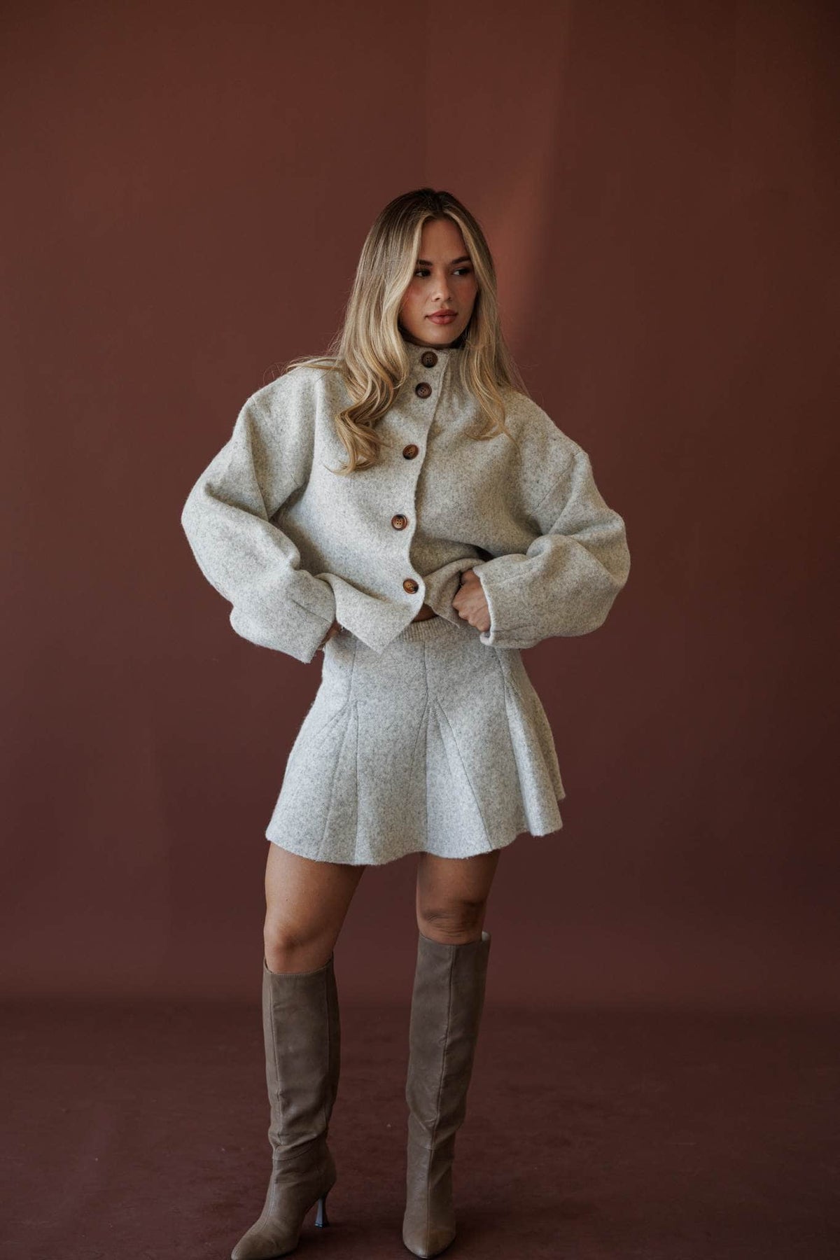 Cozied Up Knit Jacket, in oatmeal, three-quarter front view of the knit jacket