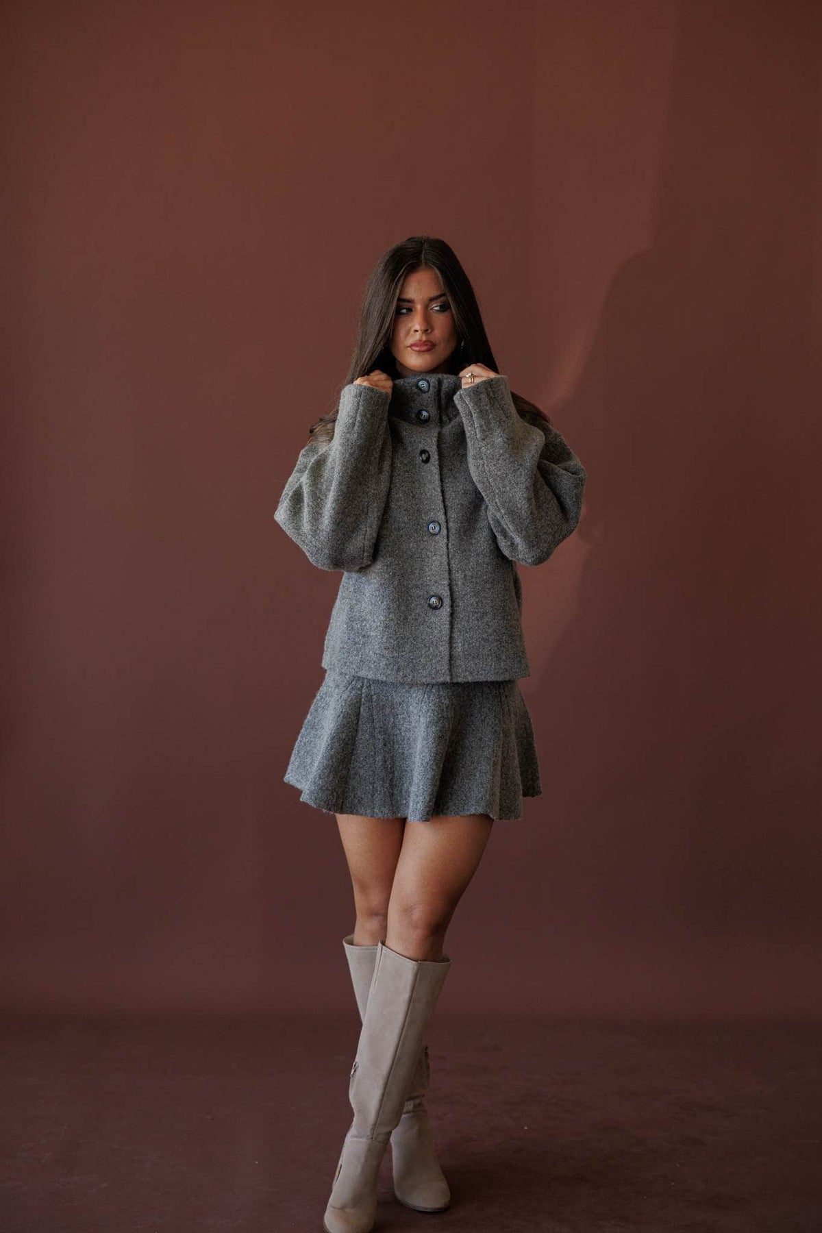 Cozied Up Knit Jacket, in mocha, full-length view with the matching knit skirt