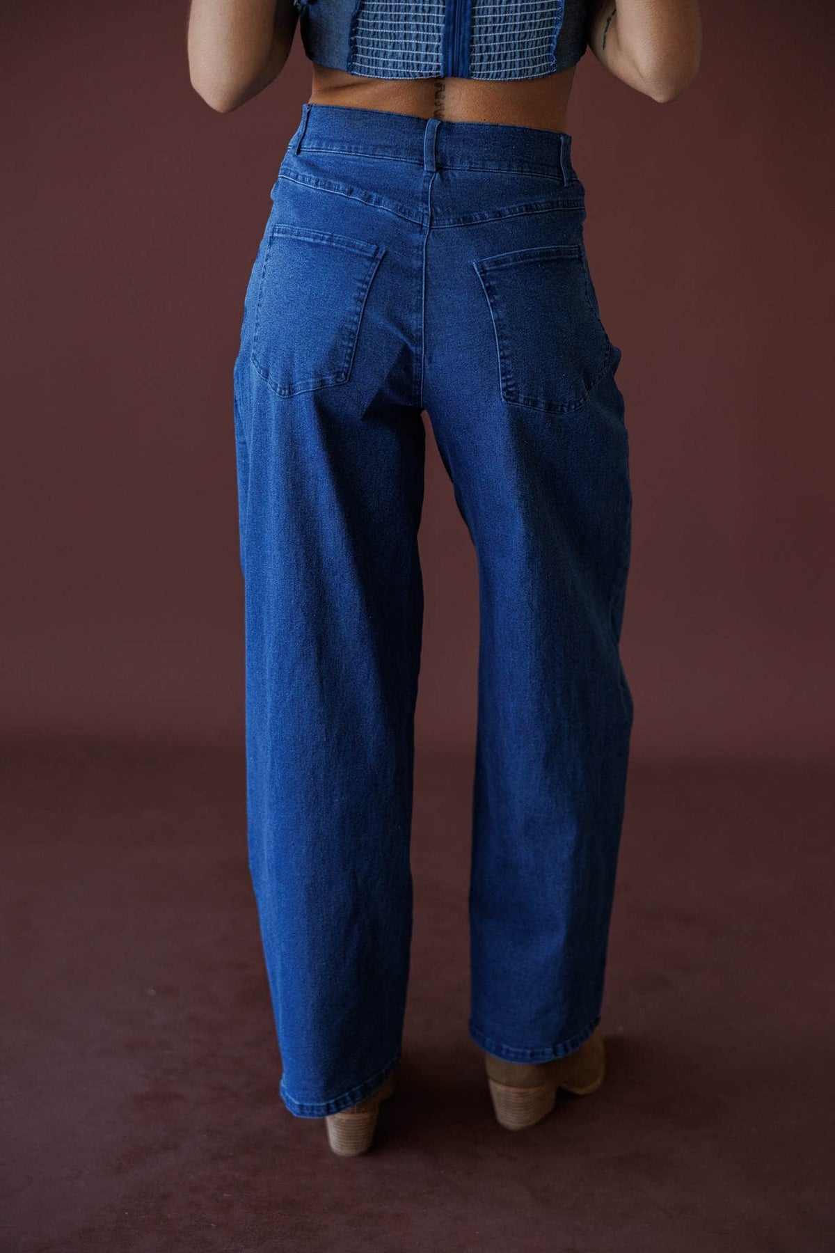 True Blue Barrel Jeans, in dark denim, back view of the barrel jeans