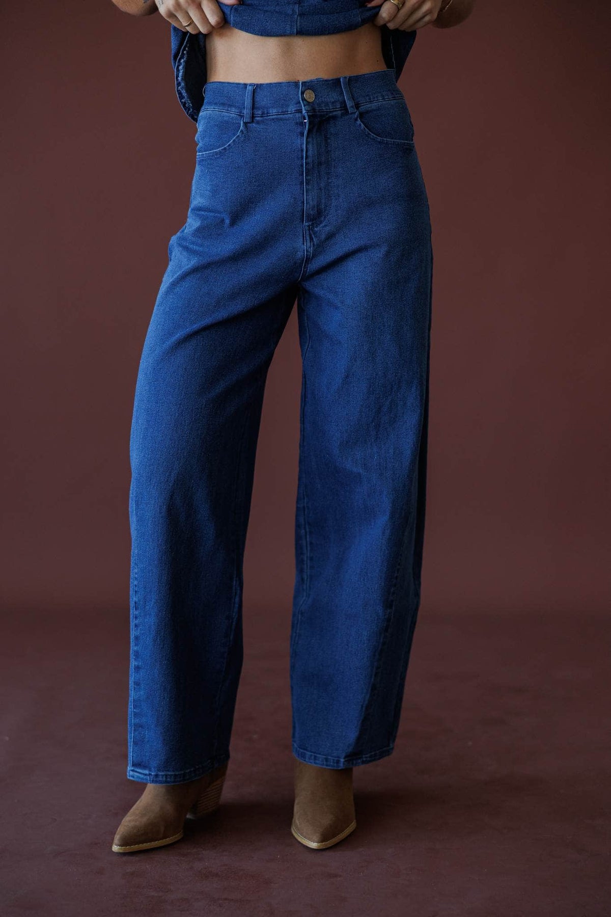 True Blue Barrel Jeans, in dark denim, front view of the barrel leg jeans