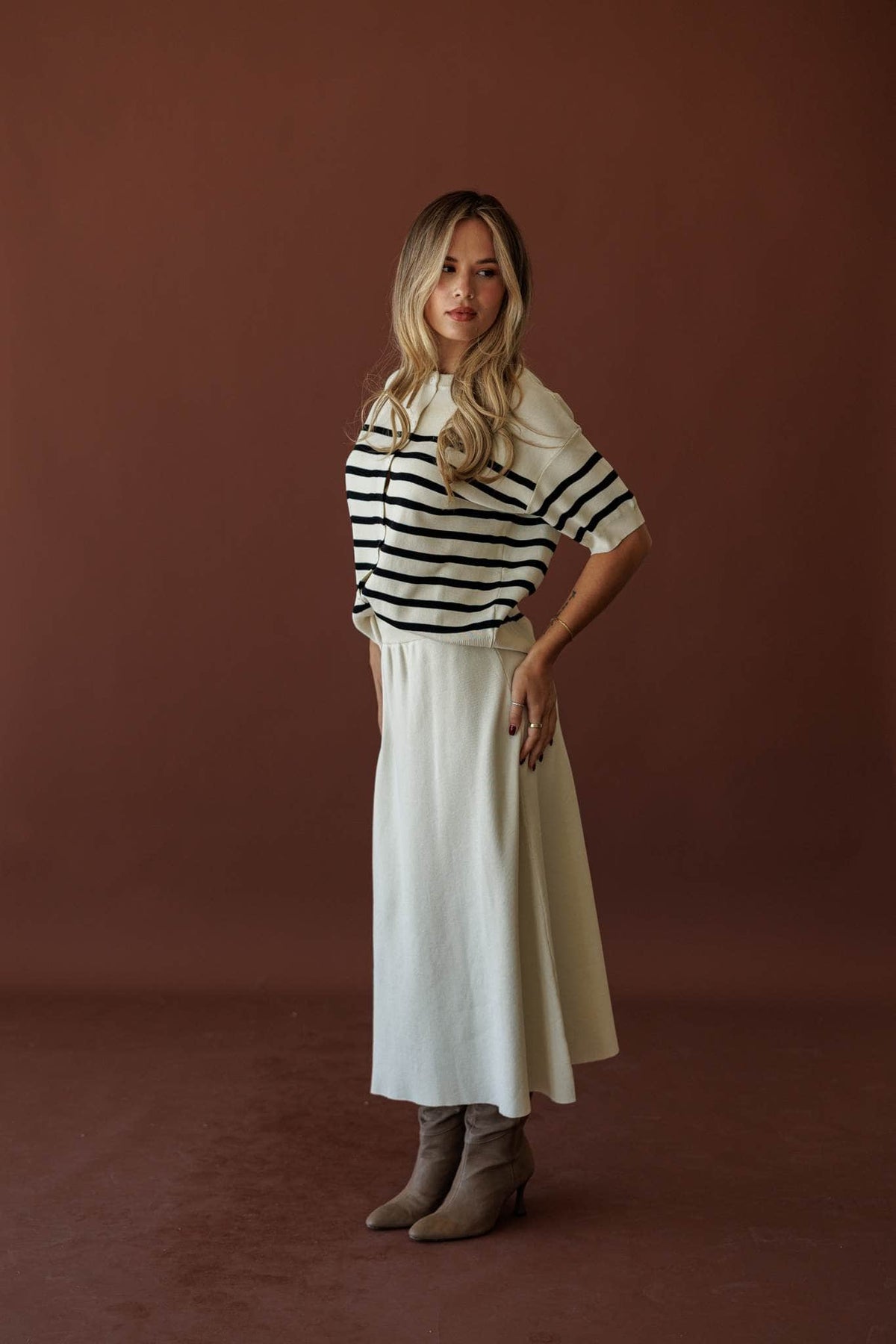 Collins Knit Maxi Skirt, in cream, three-quarter view of the matching set