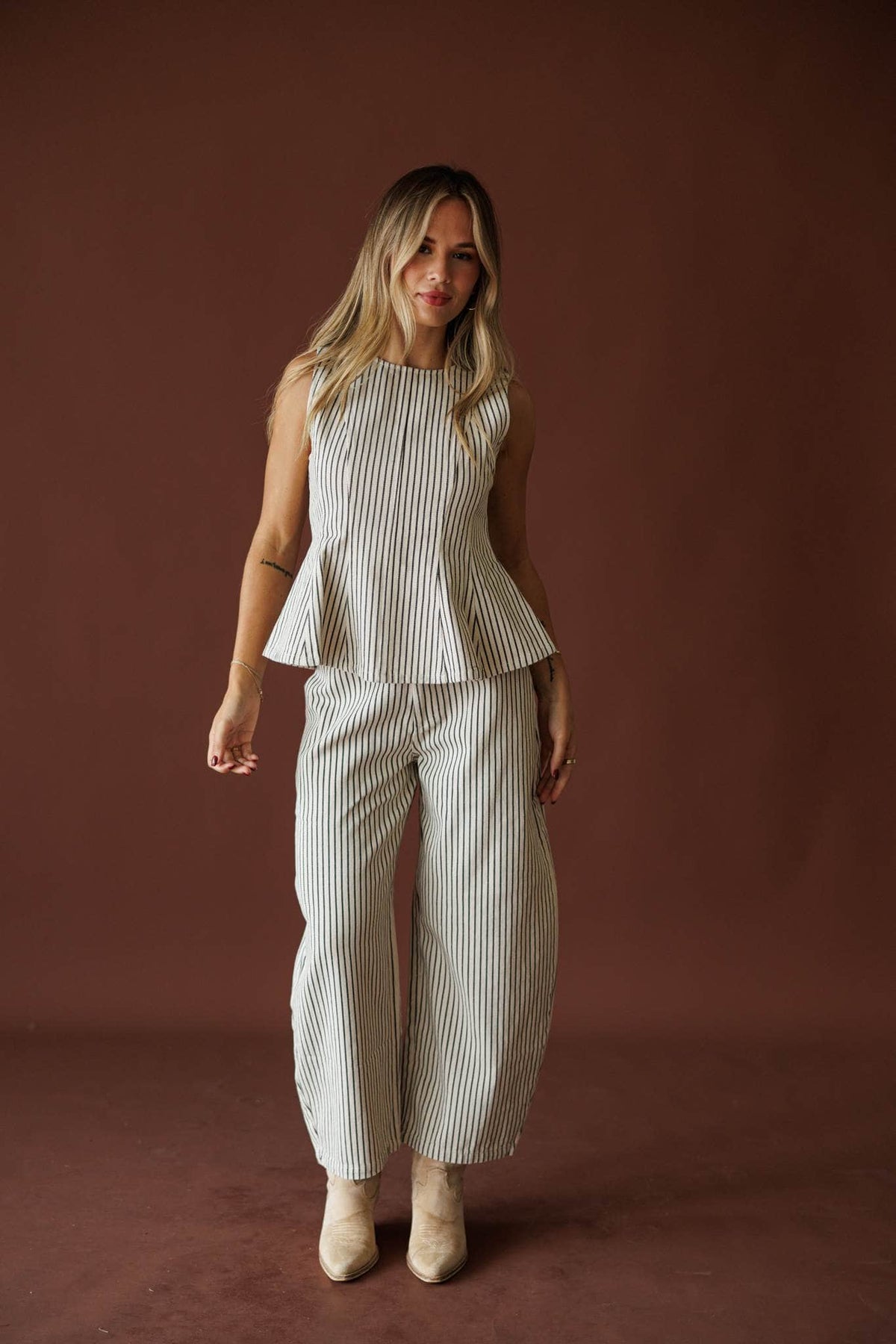 Day In The City Barrel Pants in natural pinstripe, full-length view with the matching peplum top