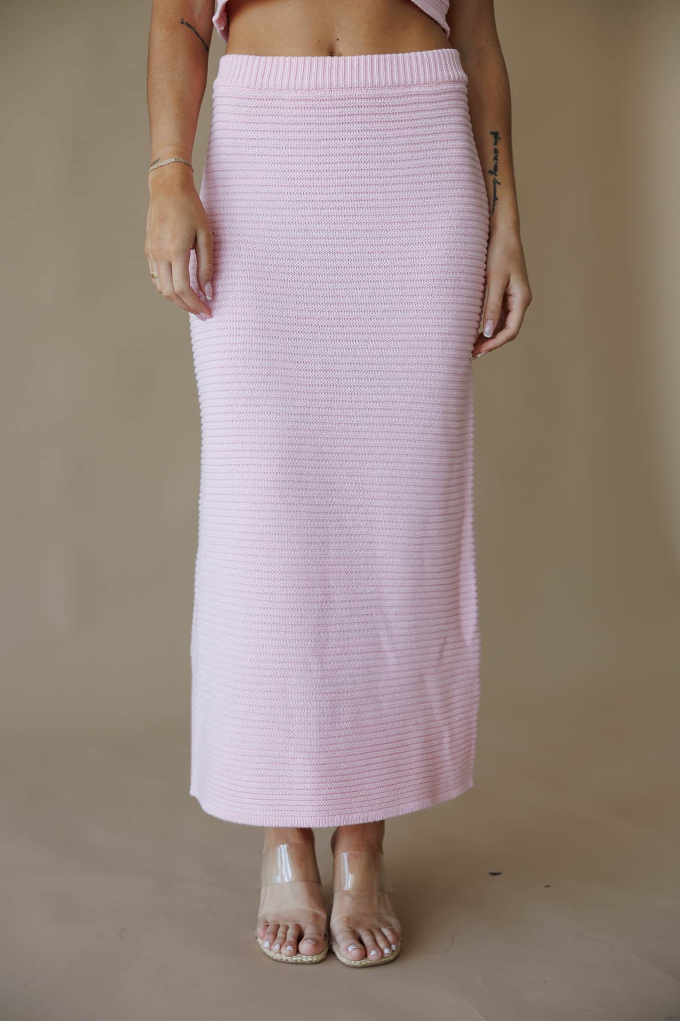 Pink Ribbed Sweater Midi Skirt