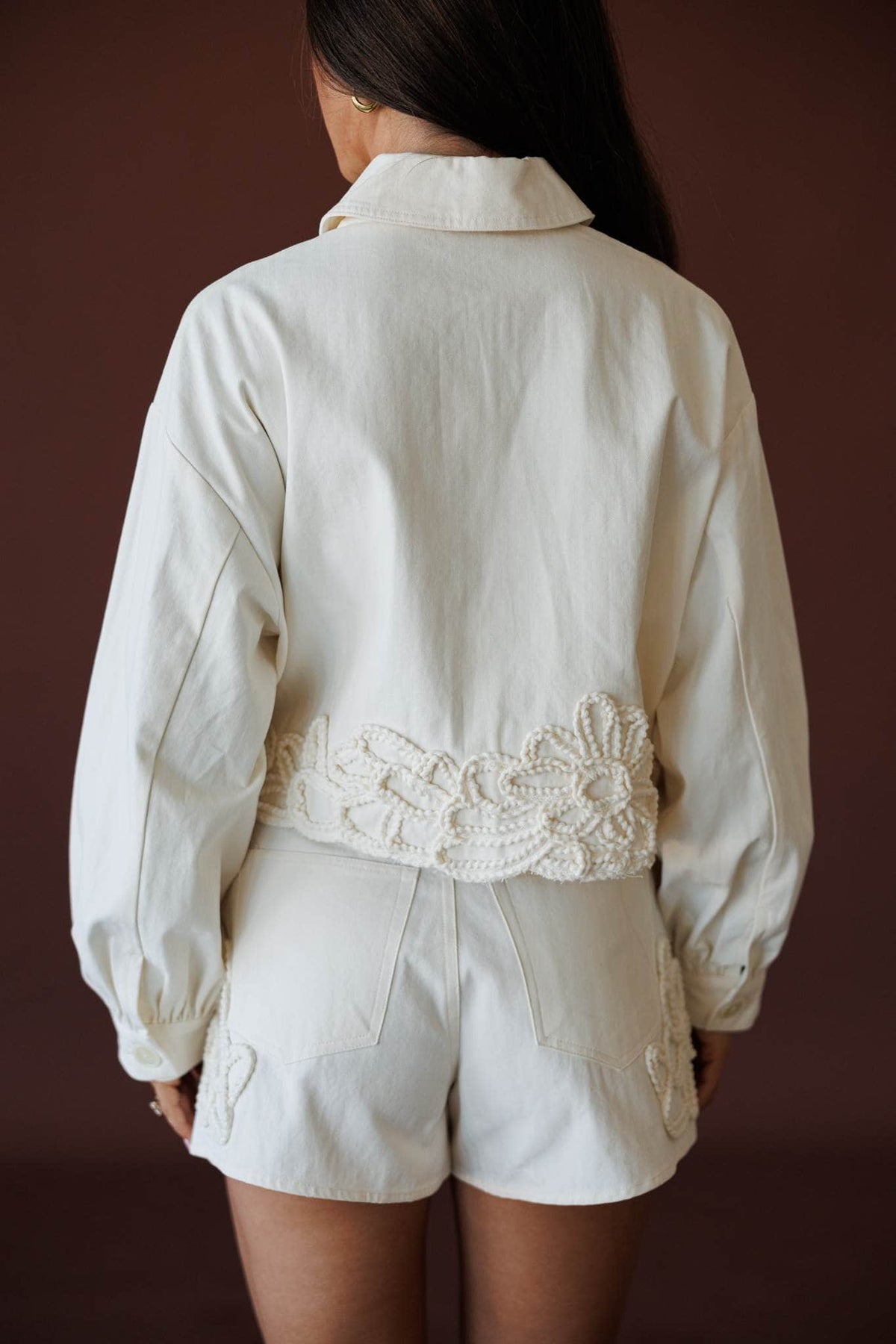Wildflower Utility Jacket, in ecru, back view of the cropped jacket