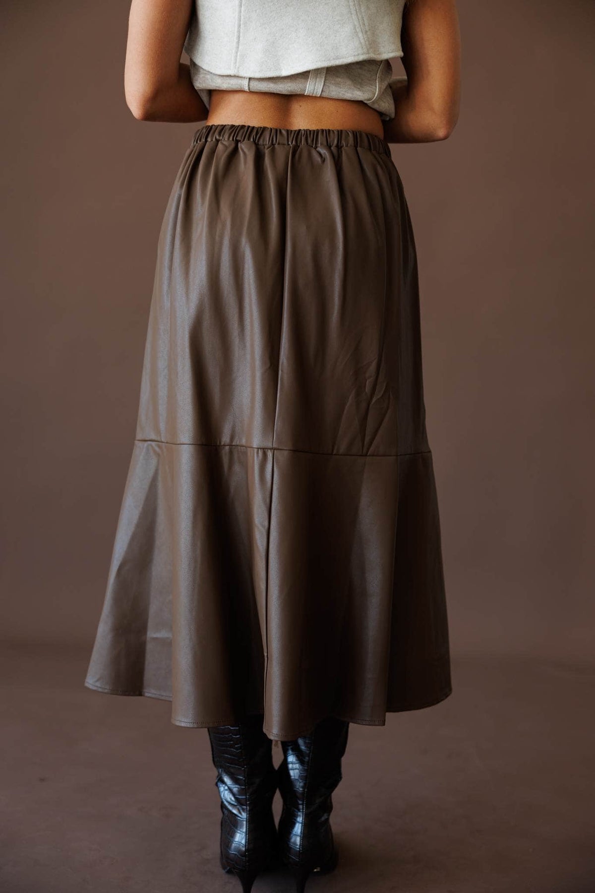 Chocolate leather midi skirt